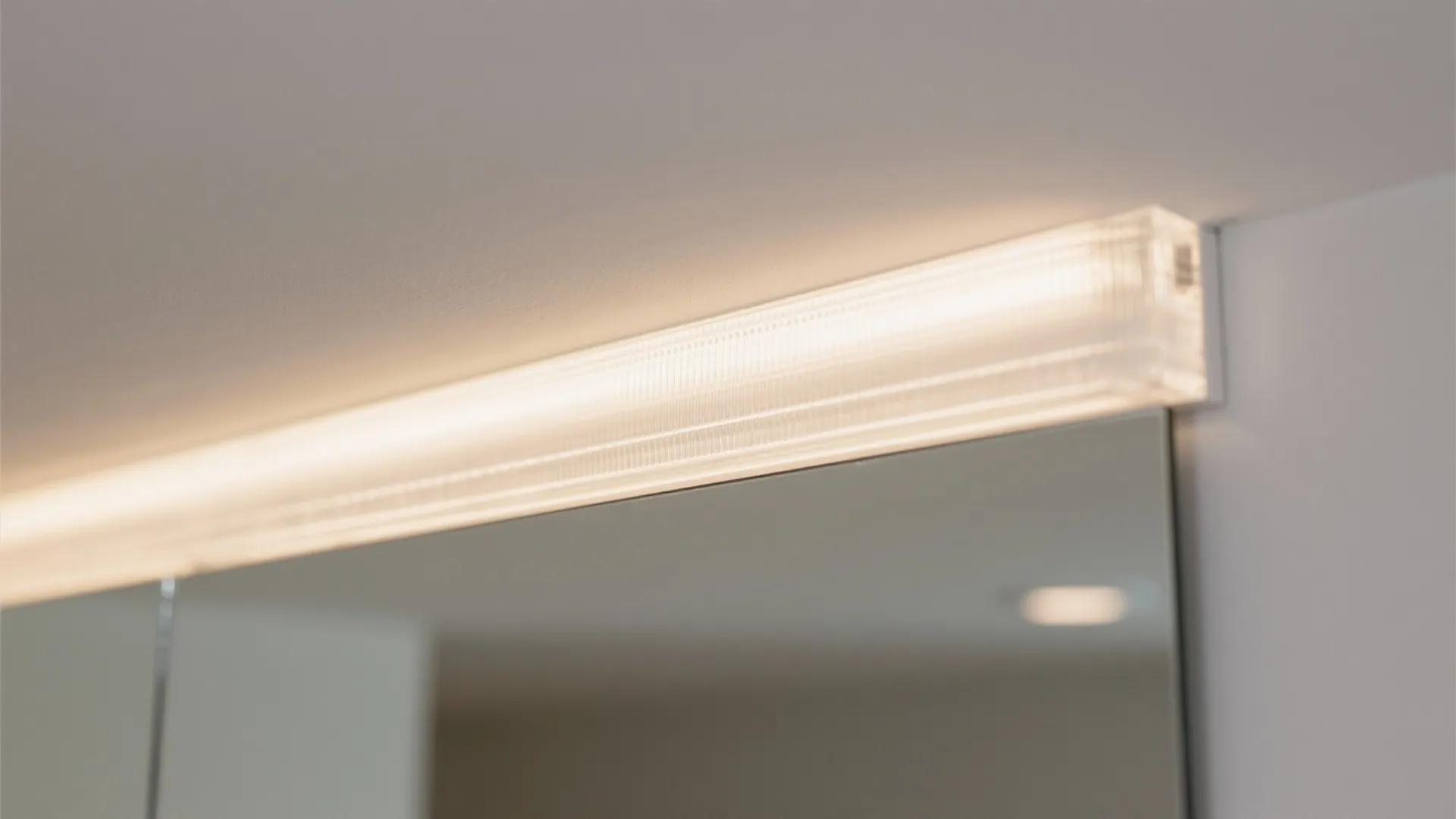 Macro of frosted linear LED cove behind a gym mirror top edge with smooth uplight.