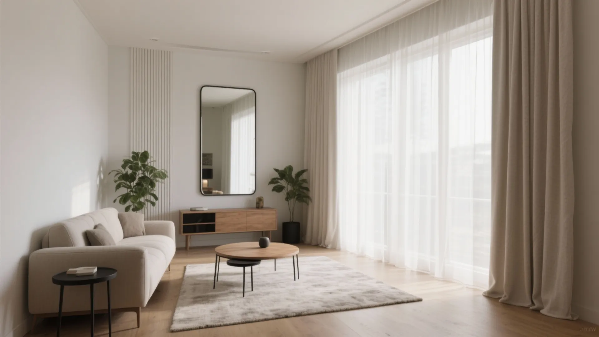 Bright minimalist living room featuring a cream sofa wooden coffee table large mirror and curtains