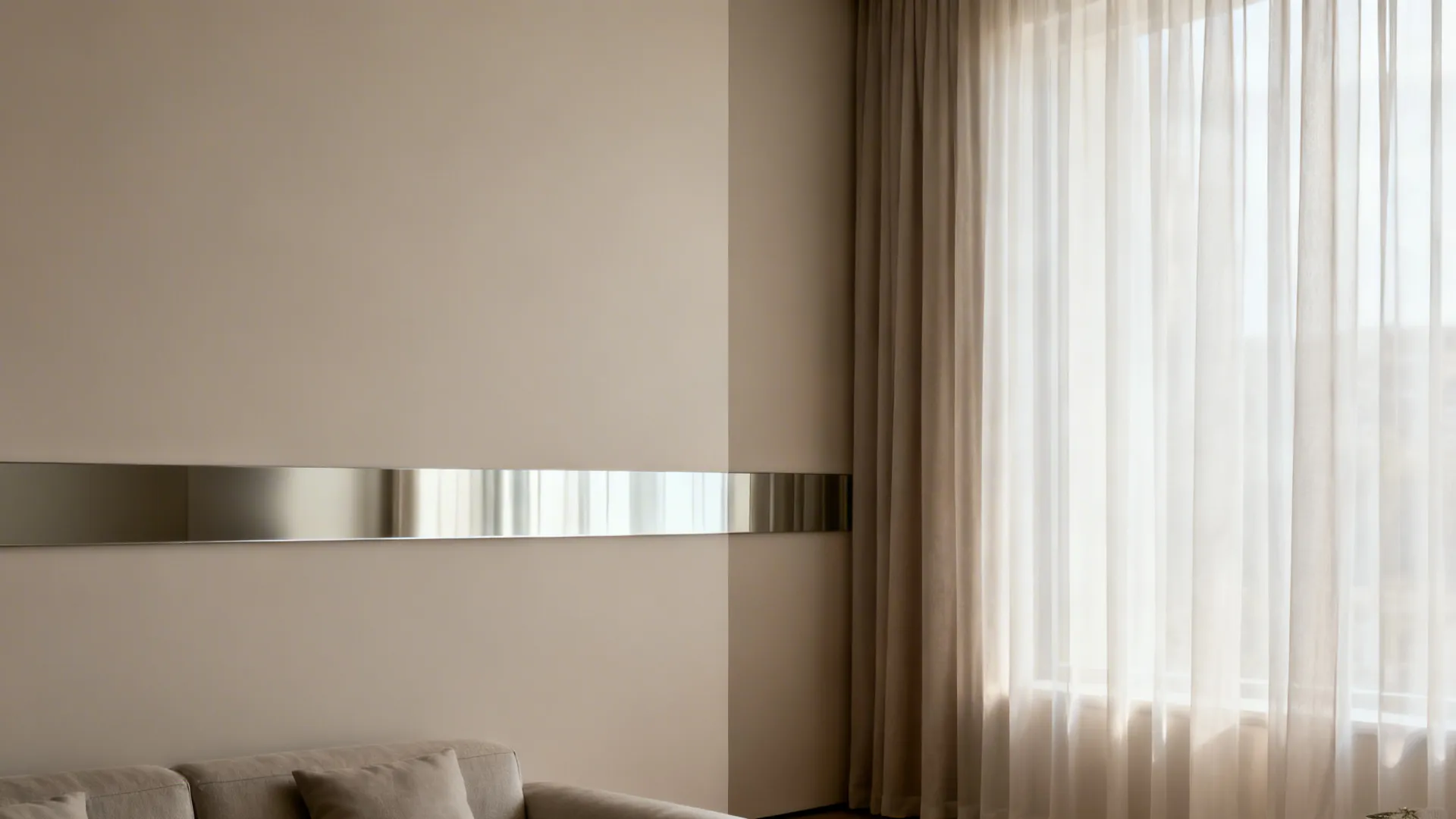 Modern living room wall with horizontal metal mirror strip beige curtains sofa and bright natural light