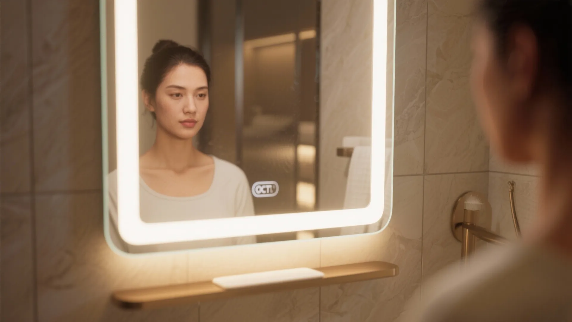 Young woman looking at her reflection in a modern bathroom mirror with integrated LED light