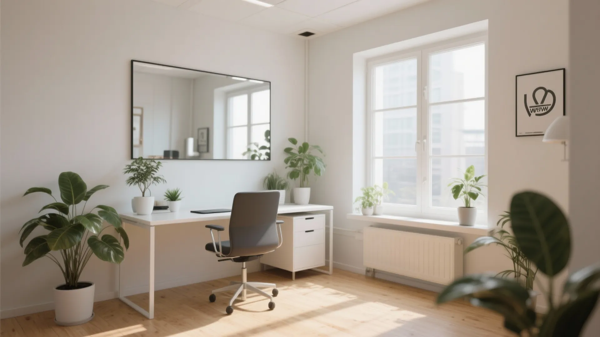 Bright home office with large wall mirror white desk black chair green plants and wooden floor