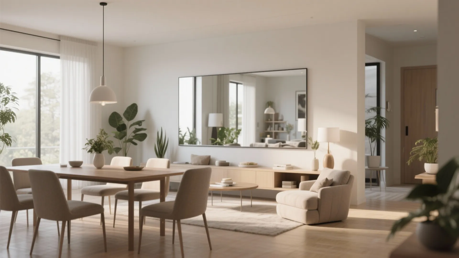 Bright open-plan dining area with large wall mirror wooden cabinet light fixture and soft natural lighting