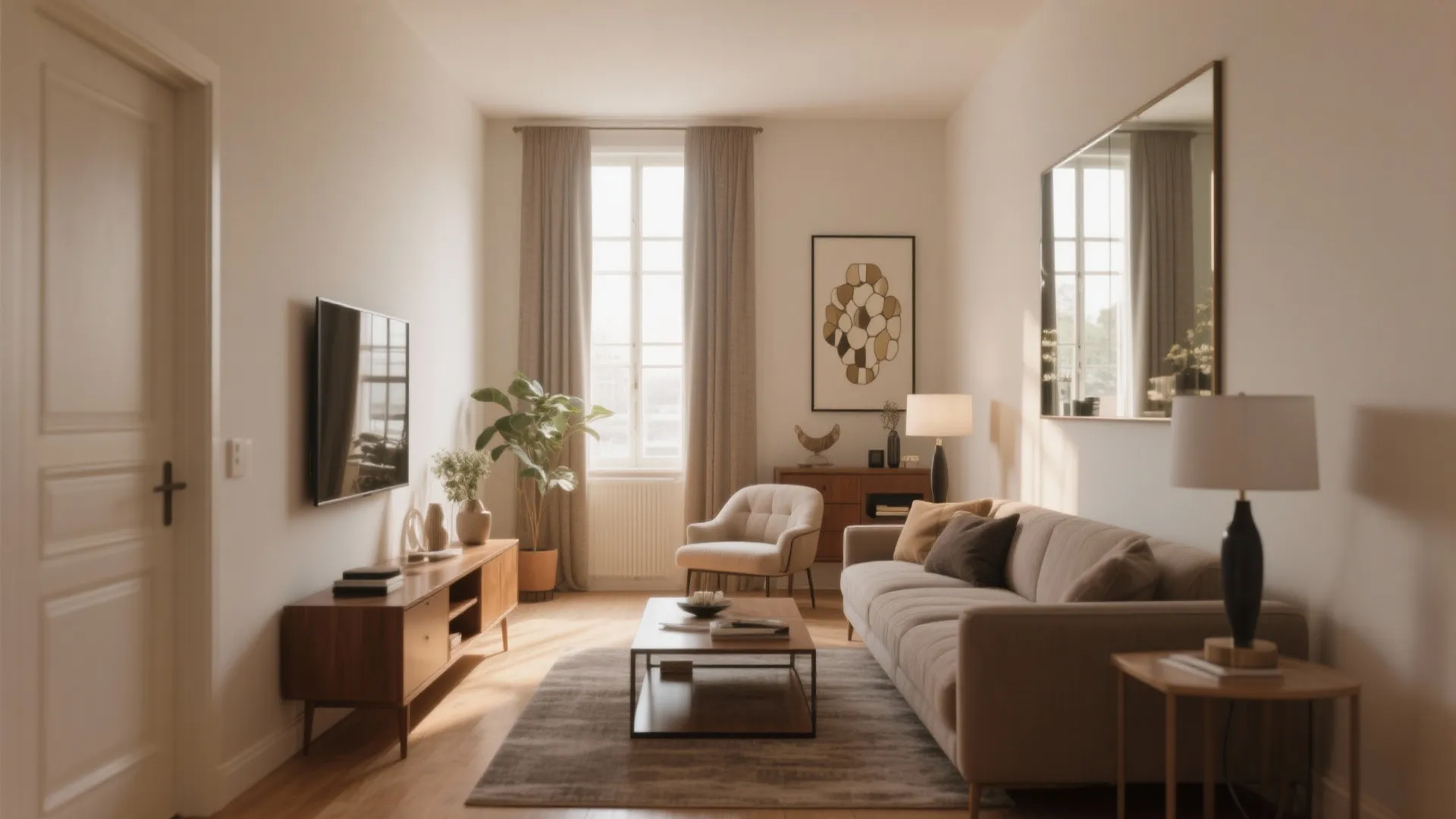 Modern living room with beige sofa, wood cabinet, television, large wall mirror, and natural window light