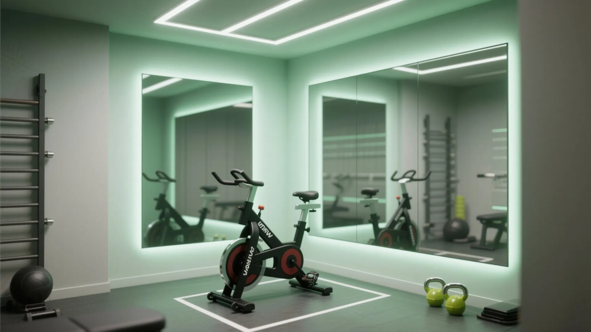 Modern home gym with exercise bike large wall mirrors green neon light and workout equipment