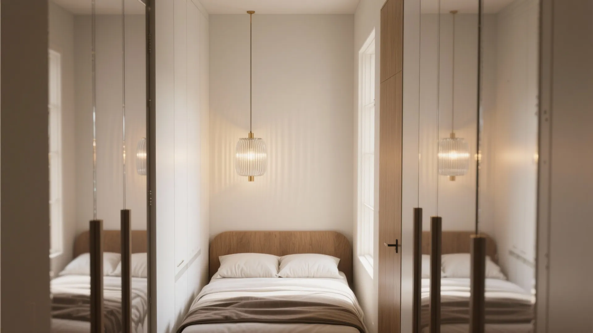 Narrow bedroom with mirrored wardrobes, wooden headboard, white bedding, and a modern glass ceiling light