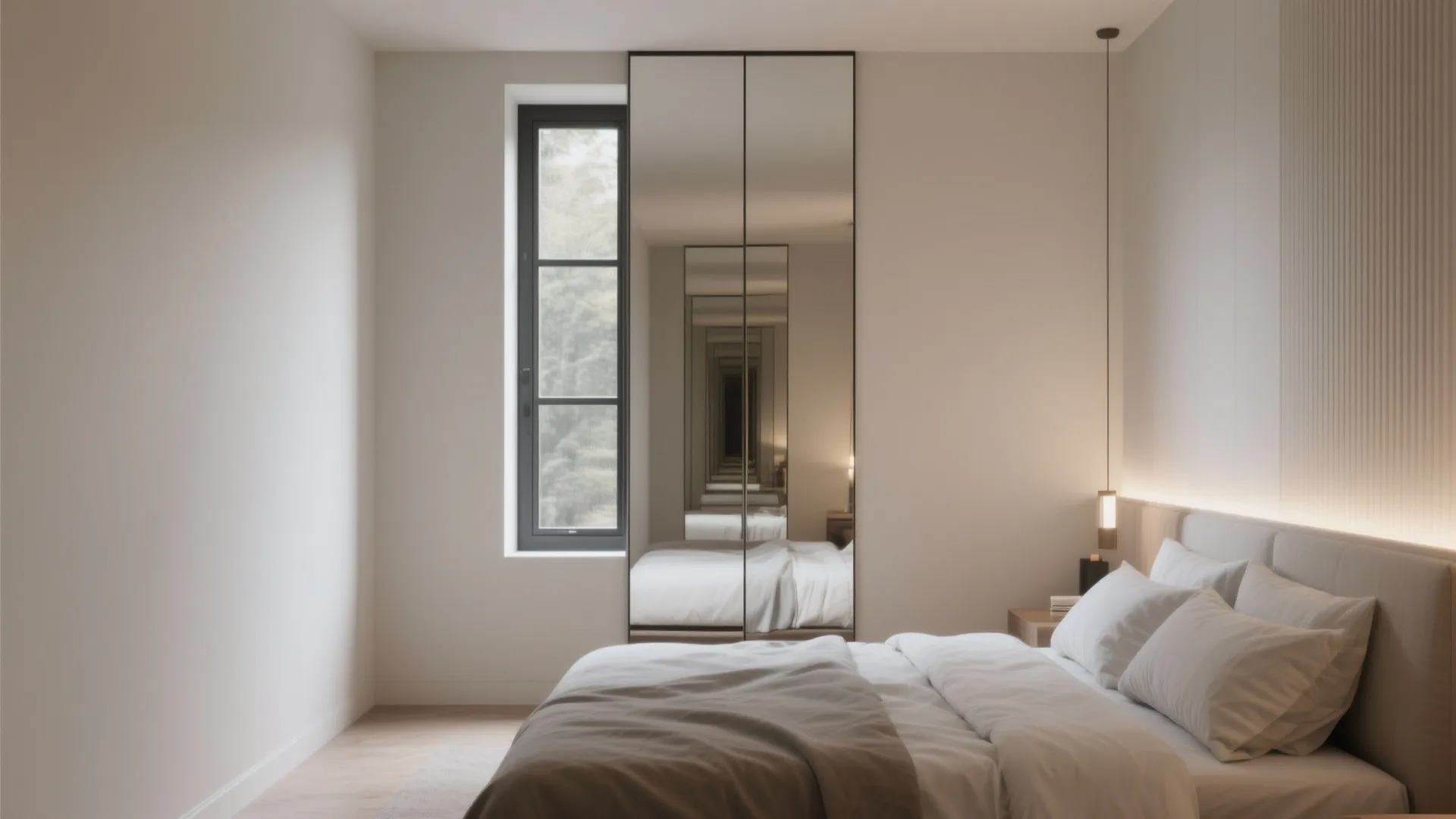 Minimalist bedroom design featuring a large mirror reflecting the bed and window in natural light