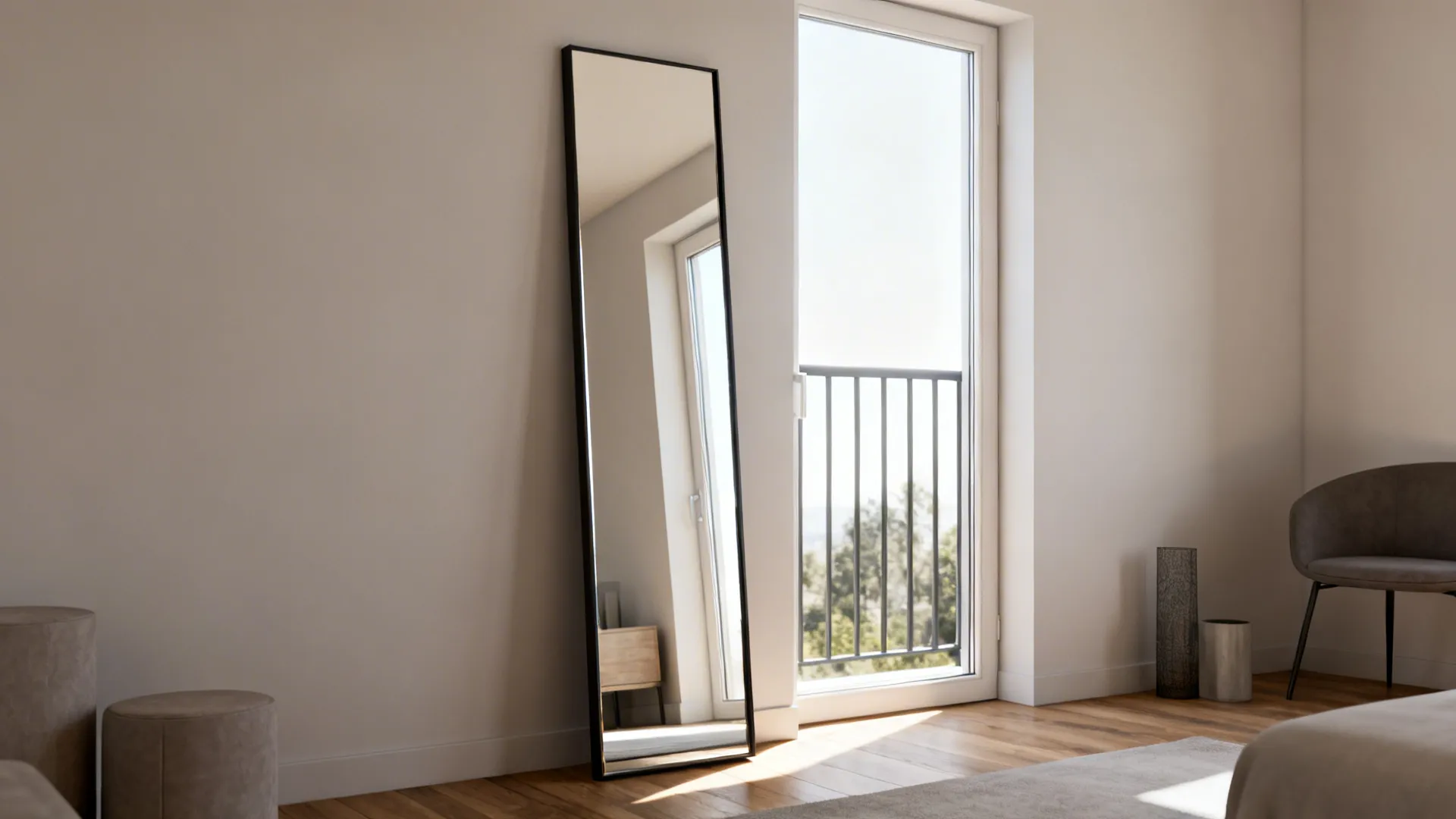 Narrow floor mirror reflecting a balcony view to visually deepen a small living room.