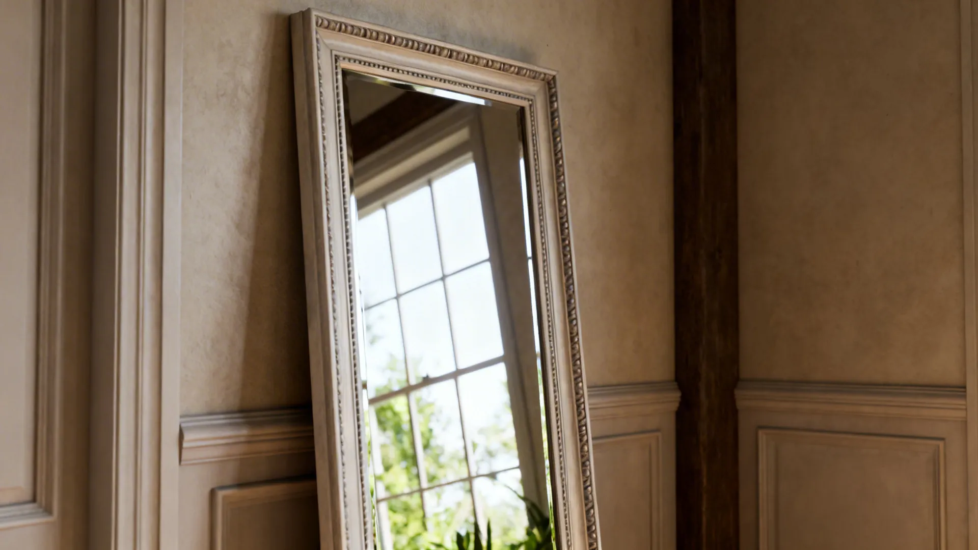 Tall mirror reflecting a window and greenery to create depth and double light in a small living room