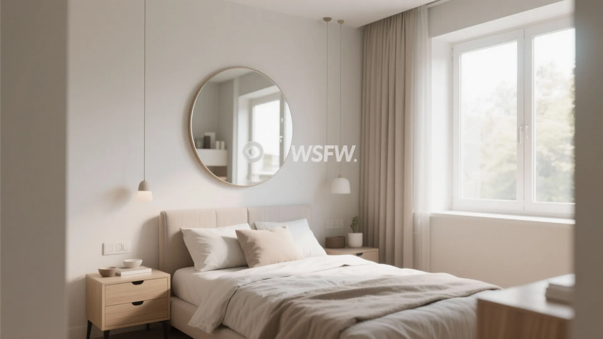 Minimalist bedroom featuring beige bed, round mirror, hanging lights, wooden nightstand, and large window curtains