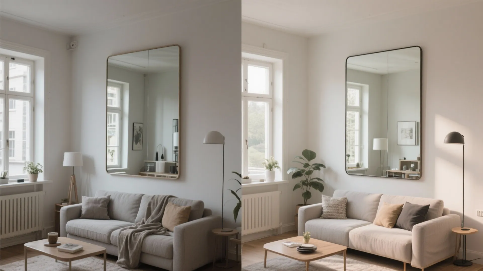 Before and after comparison showing how a large wall mirror adds depth to a small living room
