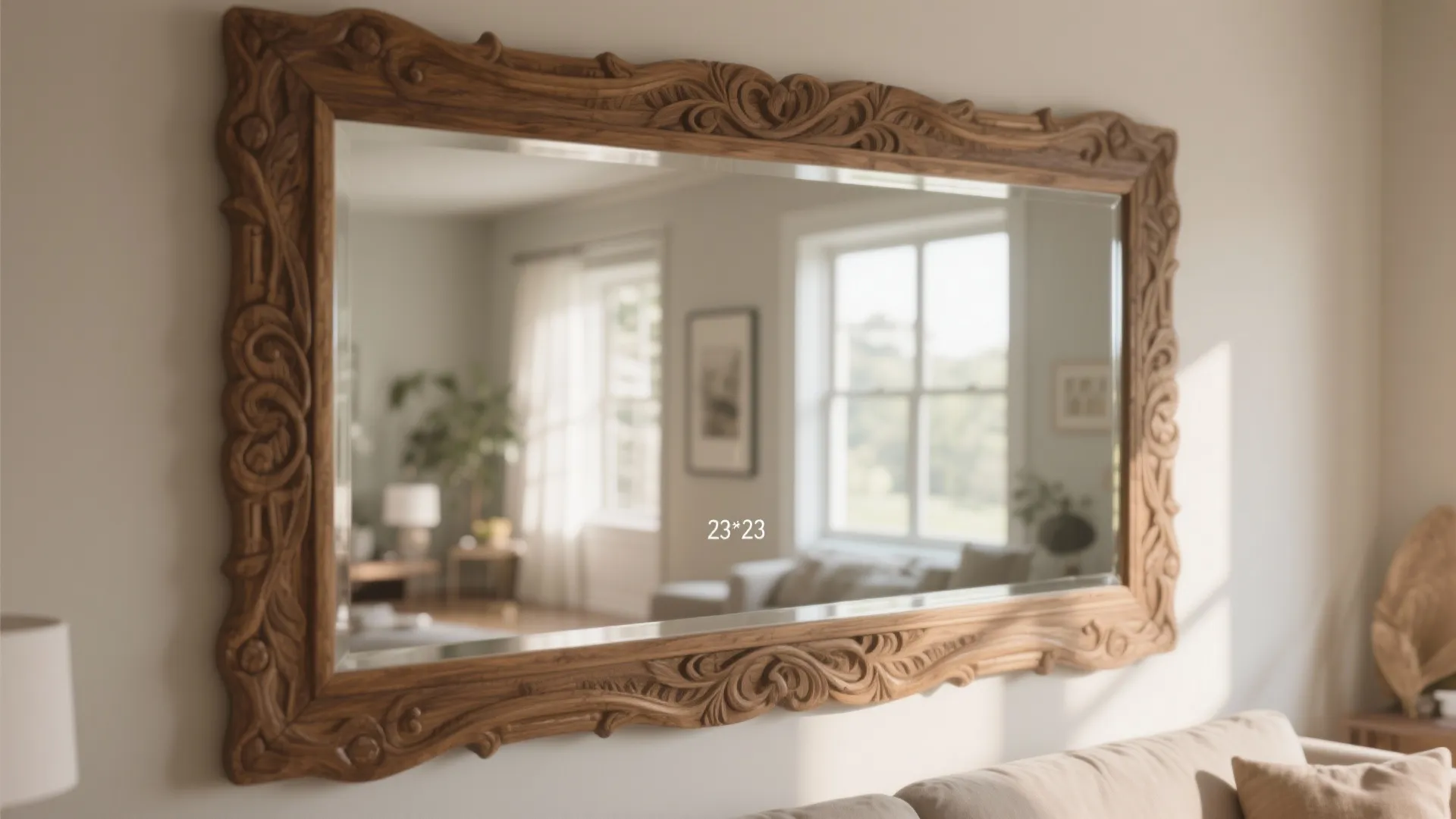 Large carved wood mirror on a wall reflecting a living room with windows and sofa