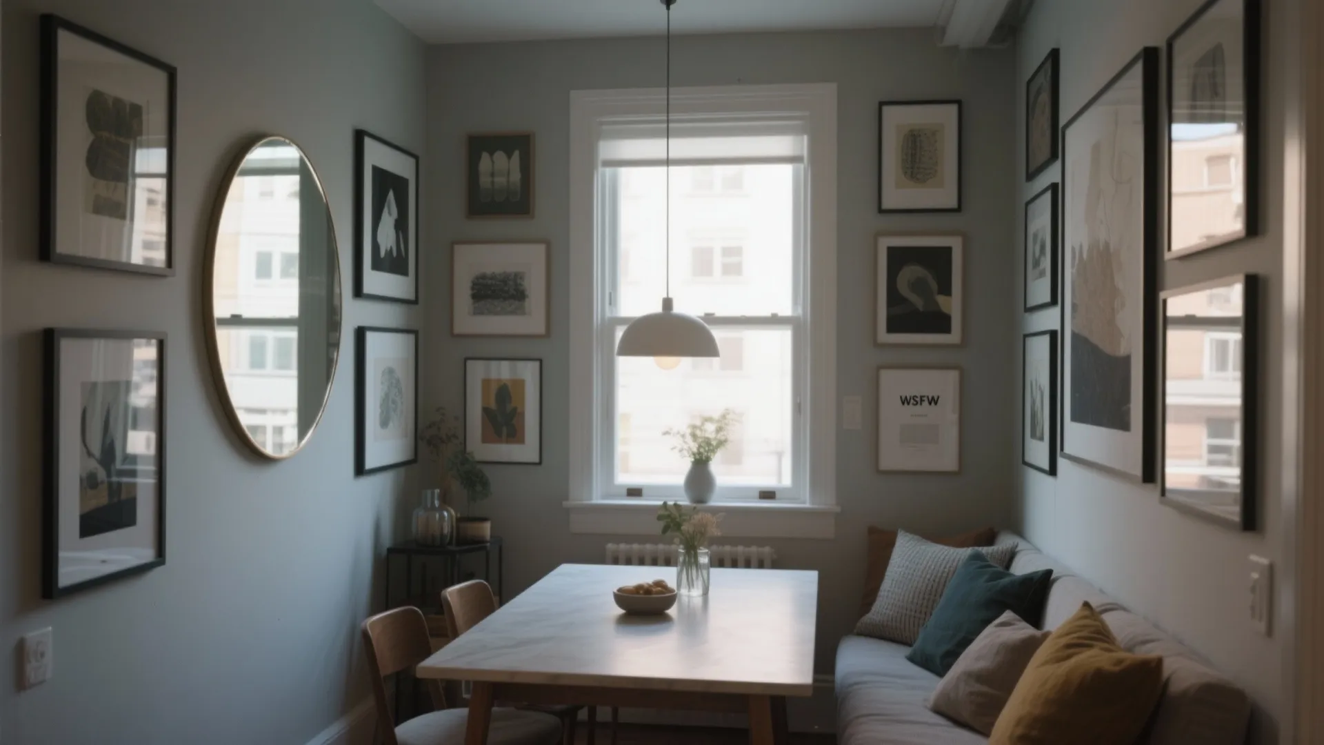 Small dining room with gallery wall and integrated mirror for depth
