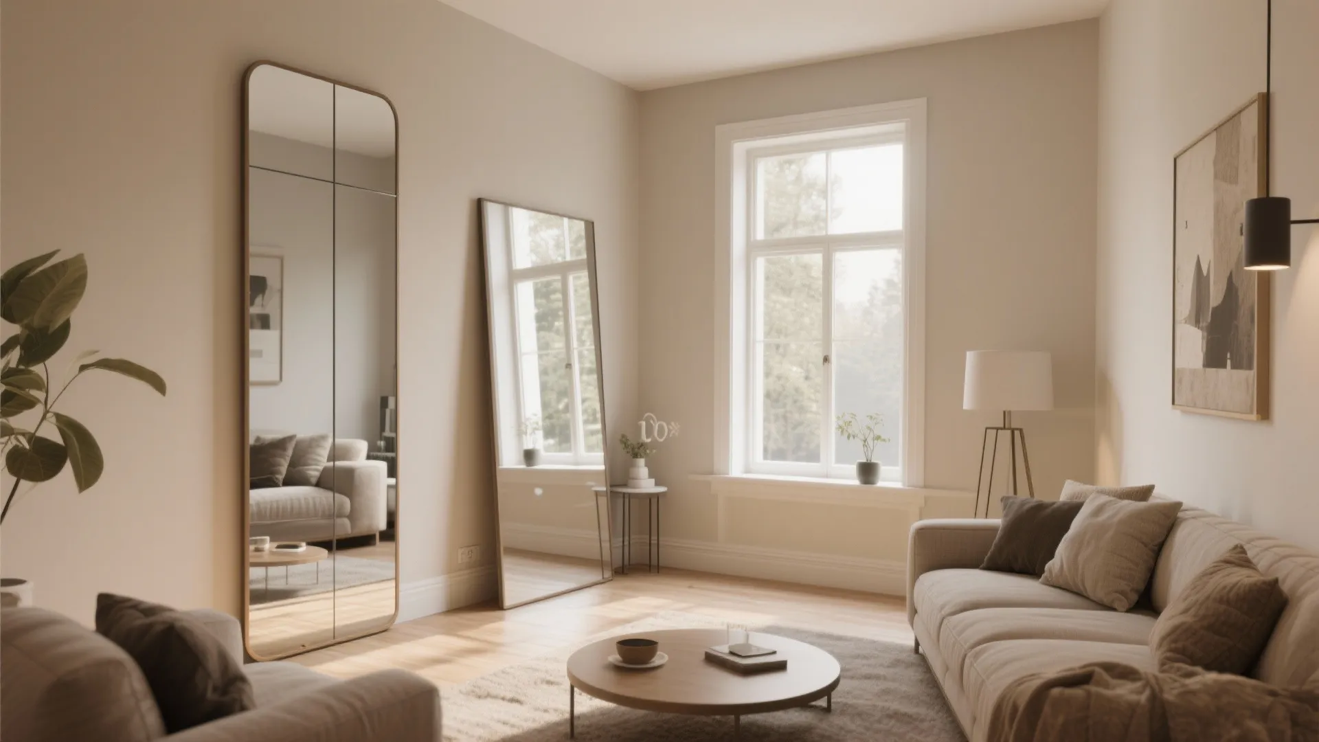Living room featuring a large floor mirror and wall mirror to create more bright space