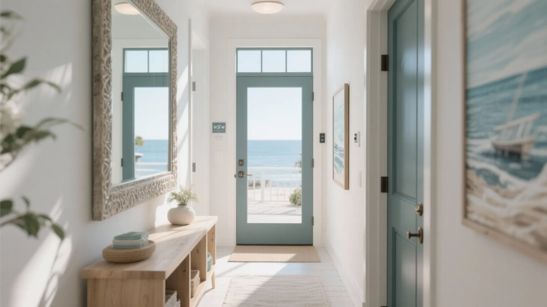 Bright hallway featuring a large wall mirror, wooden table, and blue door with sea view