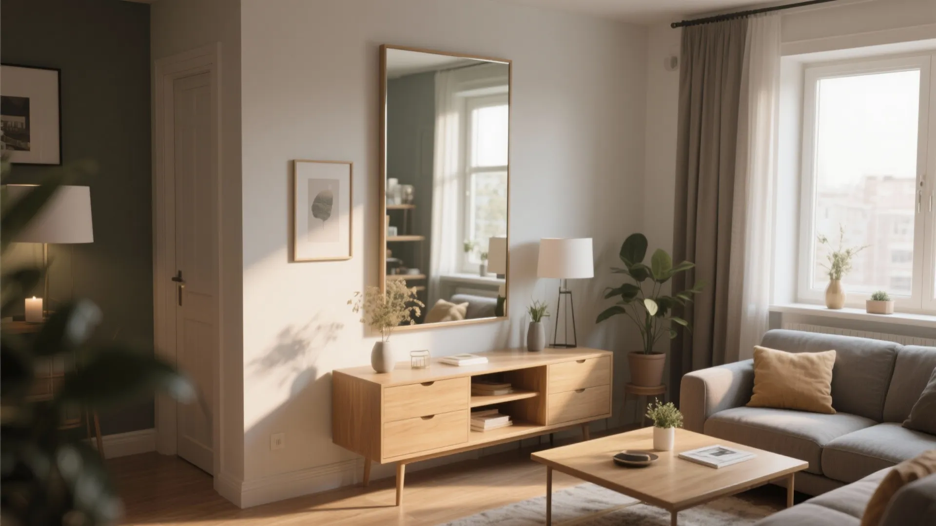 Bright interior with wooden cabinet large wall mirror grey sofa and natural light from window