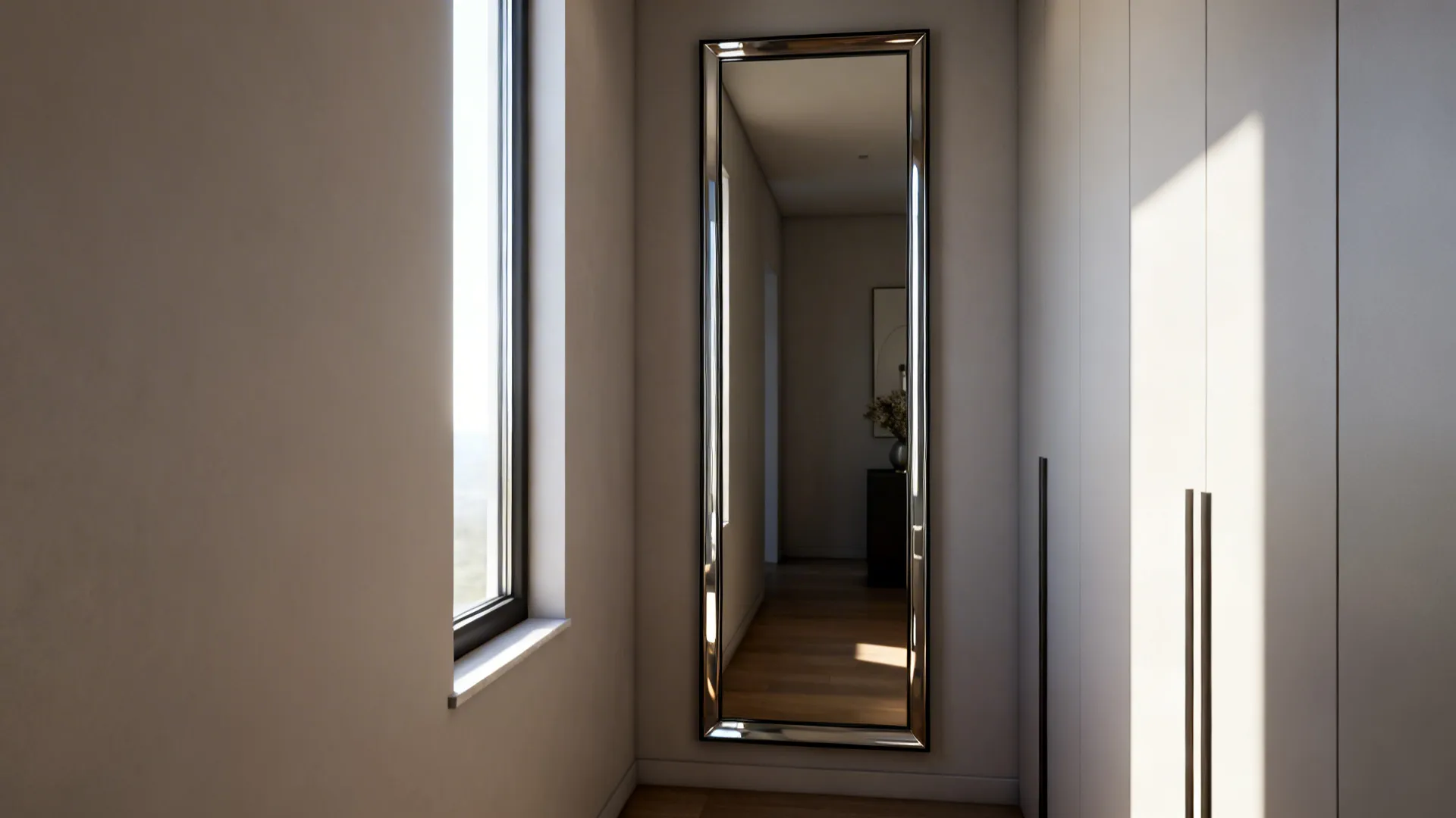 Slim full-length mirror reflecting a window to double perceived depth in a small room