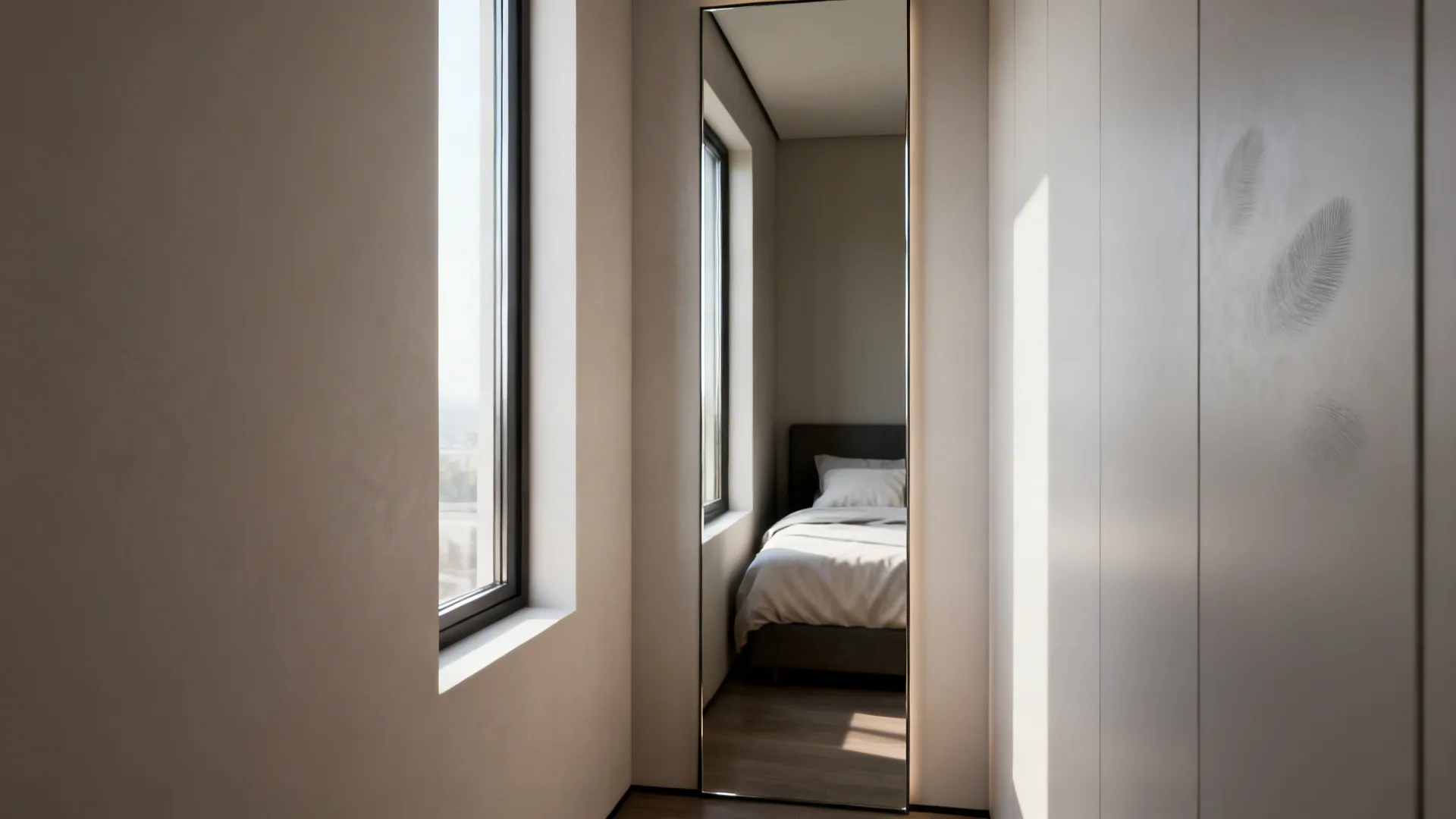 Full-height mirror opposite a narrow window, doubling perceived room depth.