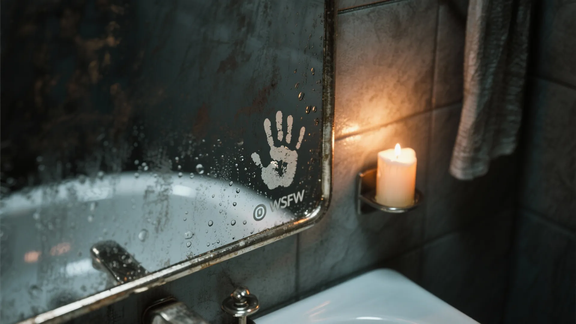 Dirty bathroom mirror with white handprint sticker next to burning candle and white bathroom sink