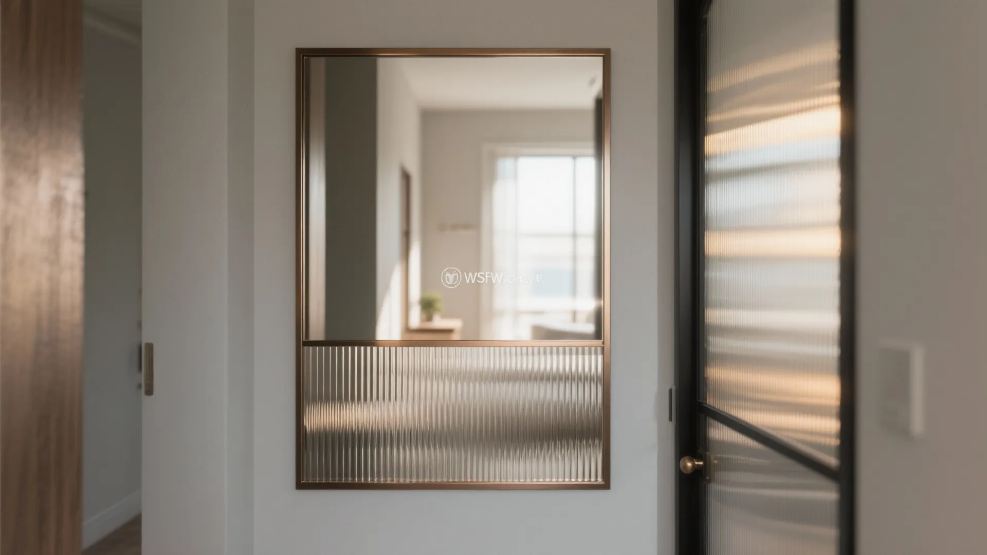 Modern rectangular wall mirror with a thin bronze frame and textured glass panel in hallway