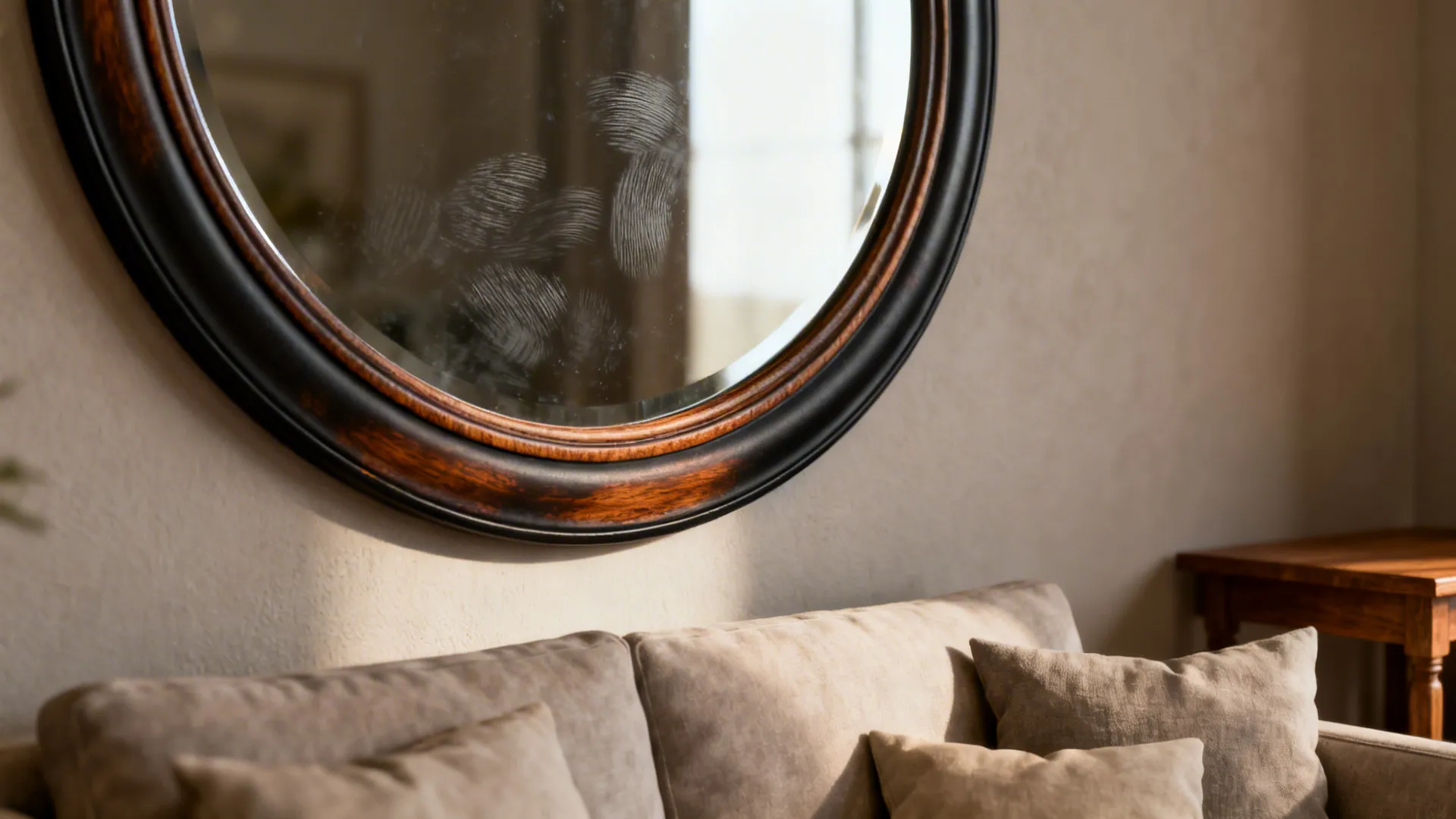Close-up of a framed round mirror showing frame texture and subtle smudge reflections above a sofa