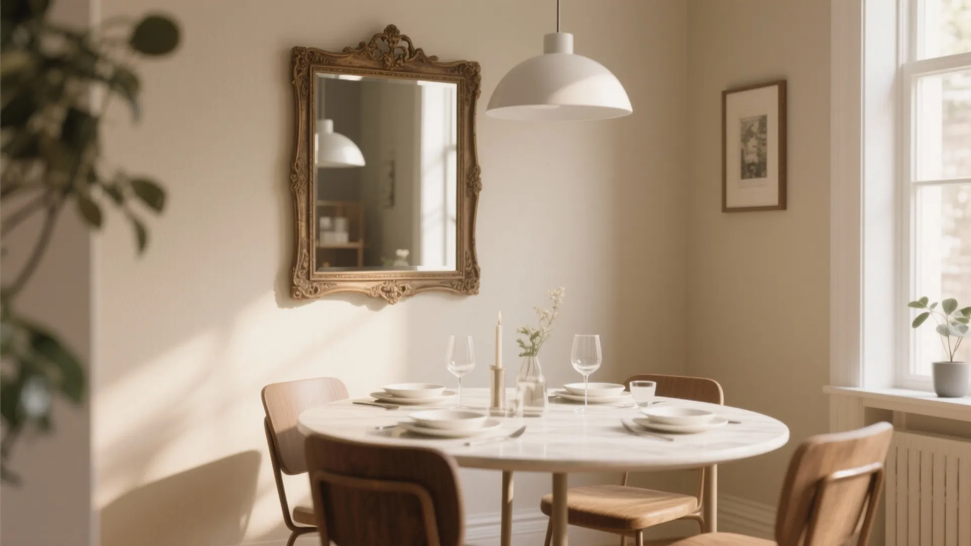 Elegant dining room with round marble table, wooden chairs, ornate wall mirror, and ceiling light