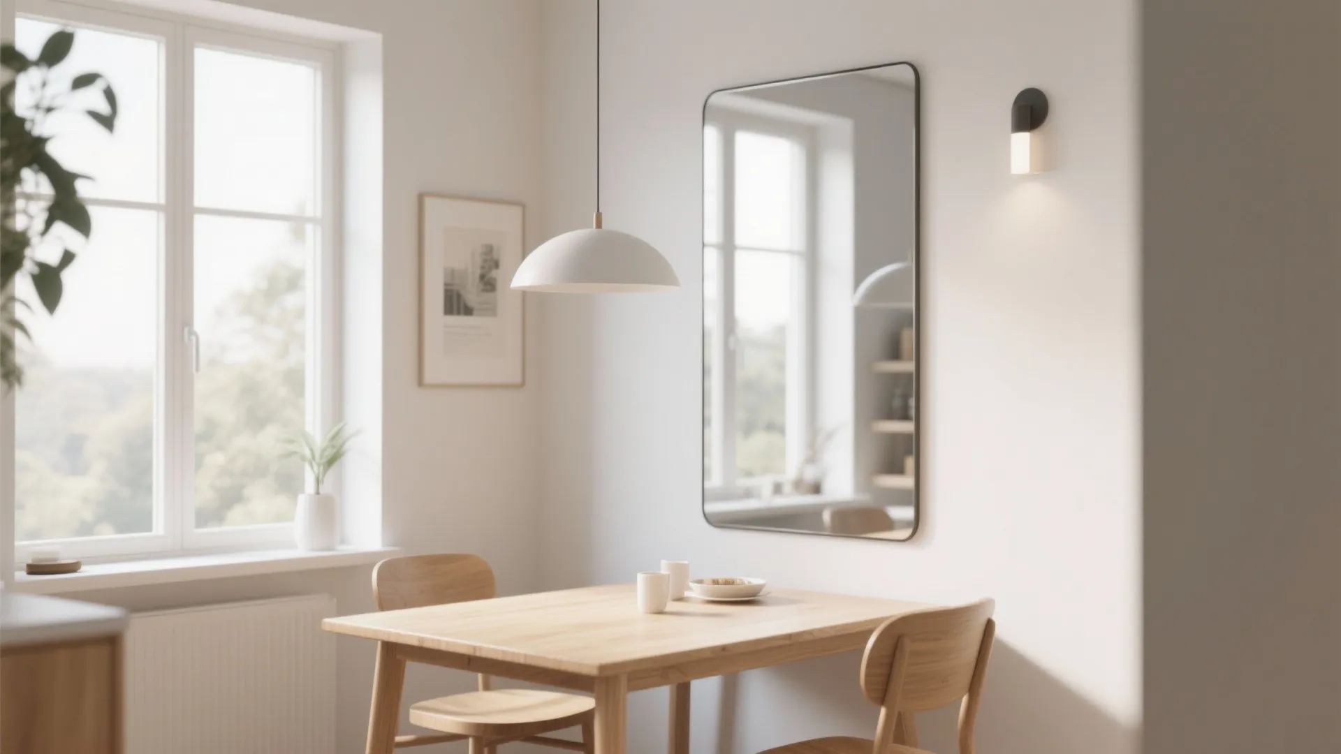 Modern dining area with wooden table chairs large wall mirror white ceiling light and window