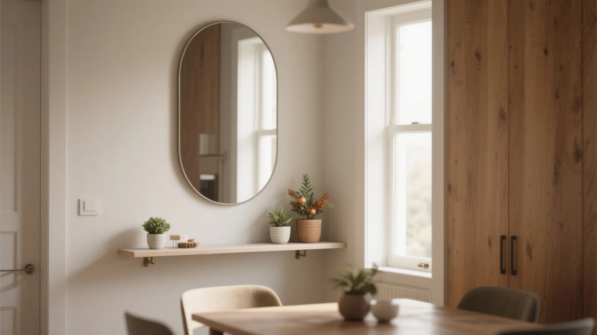 Dining nook with a large wall mirror reflecting light and a slim floating shelf with plants.