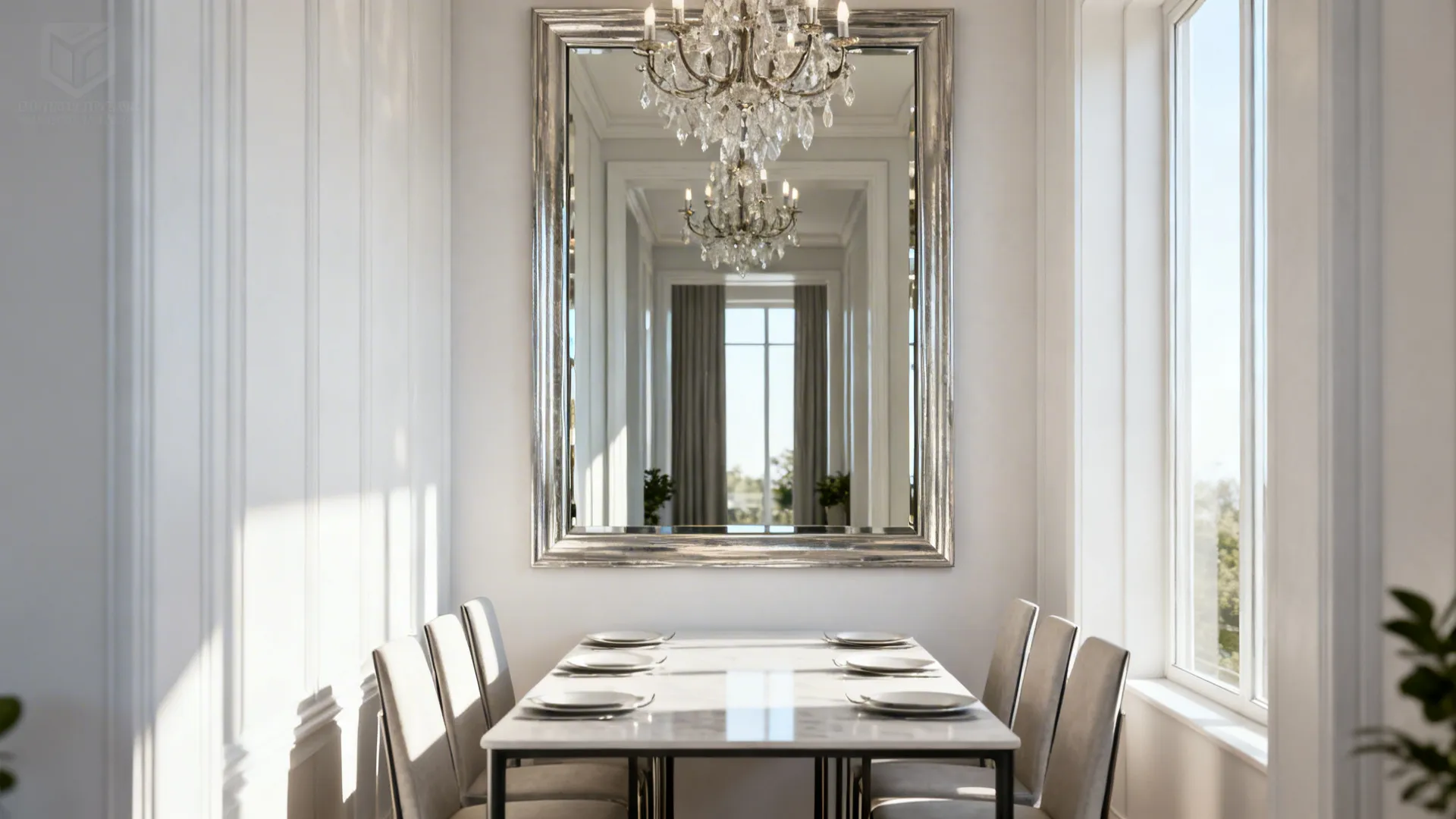 Small dining room with a large statement mirror reflecting light and a chandelier