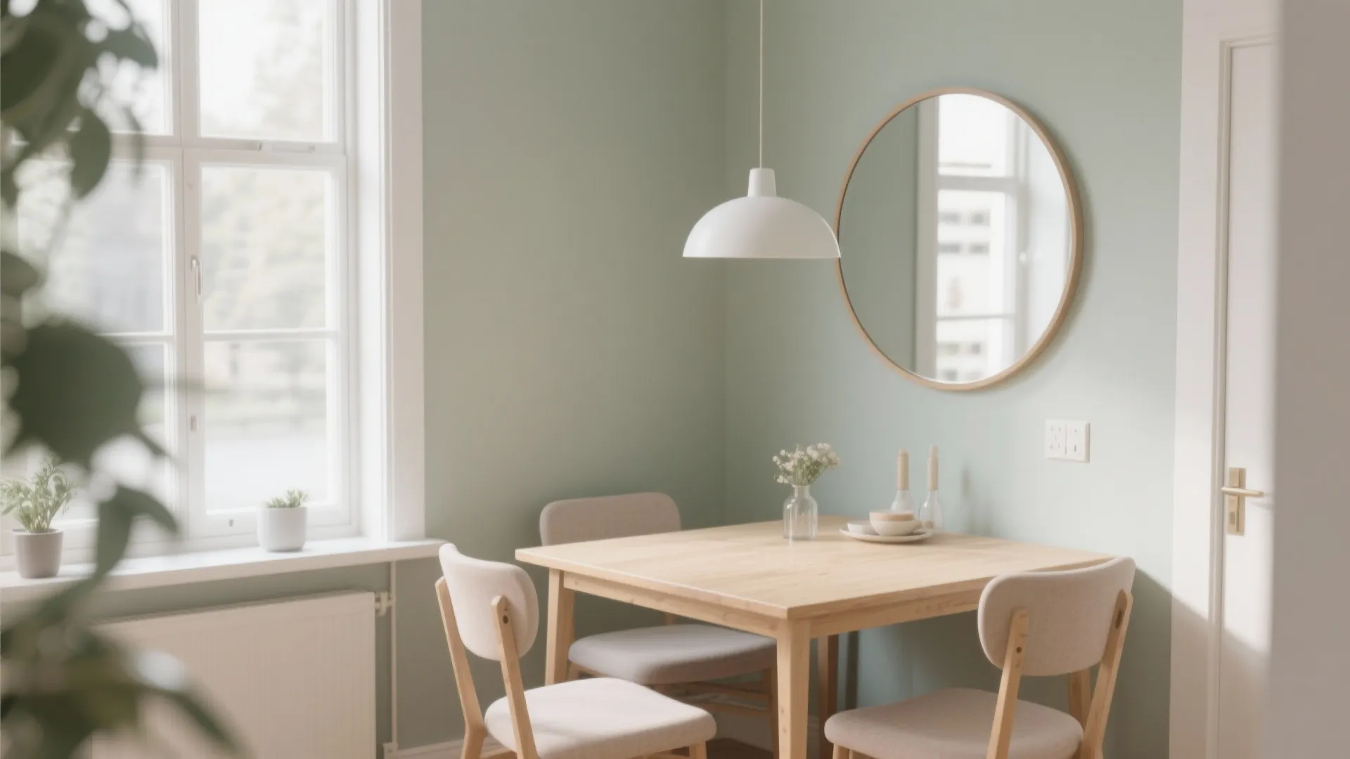 Wooden dining table and chairs in room with green walls round mirror and white ceiling light