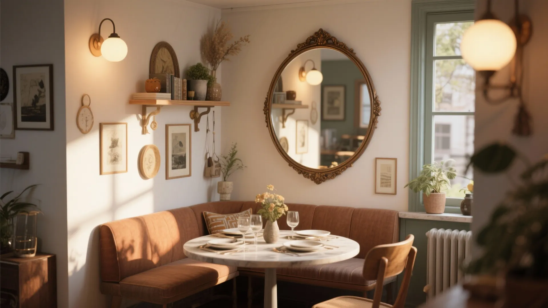 Round vintage mirror reflecting a small dining table