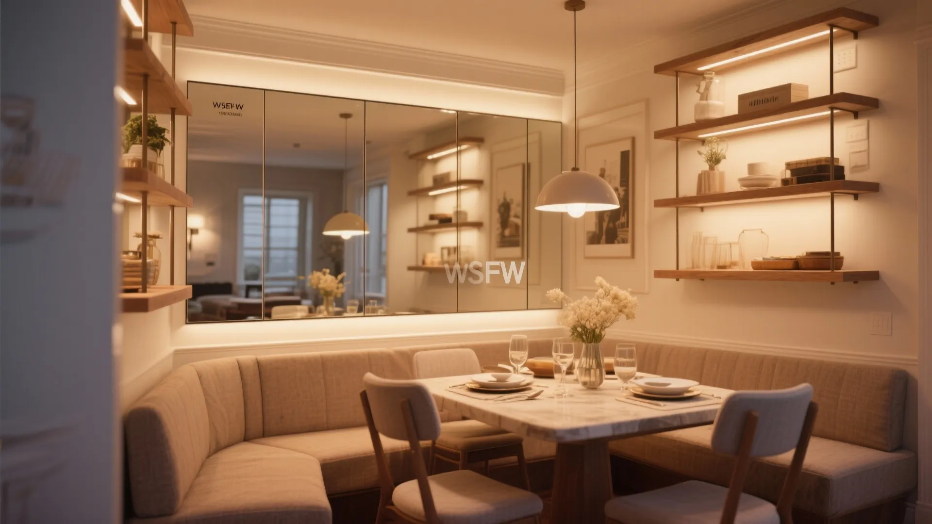 Small dining area with a marble table and beige sofa seating under a large mirror