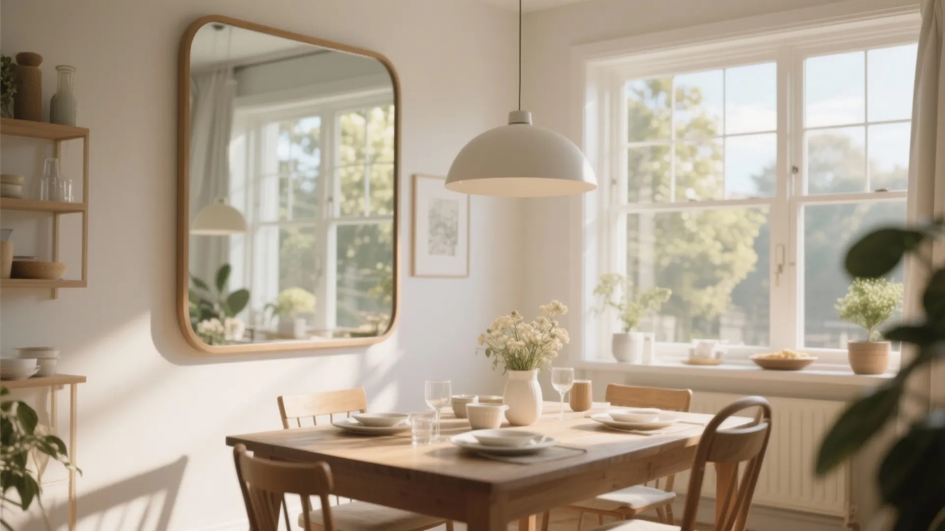 Bright dining room featuring wooden table white ceiling light large wall mirror and sunny window view
