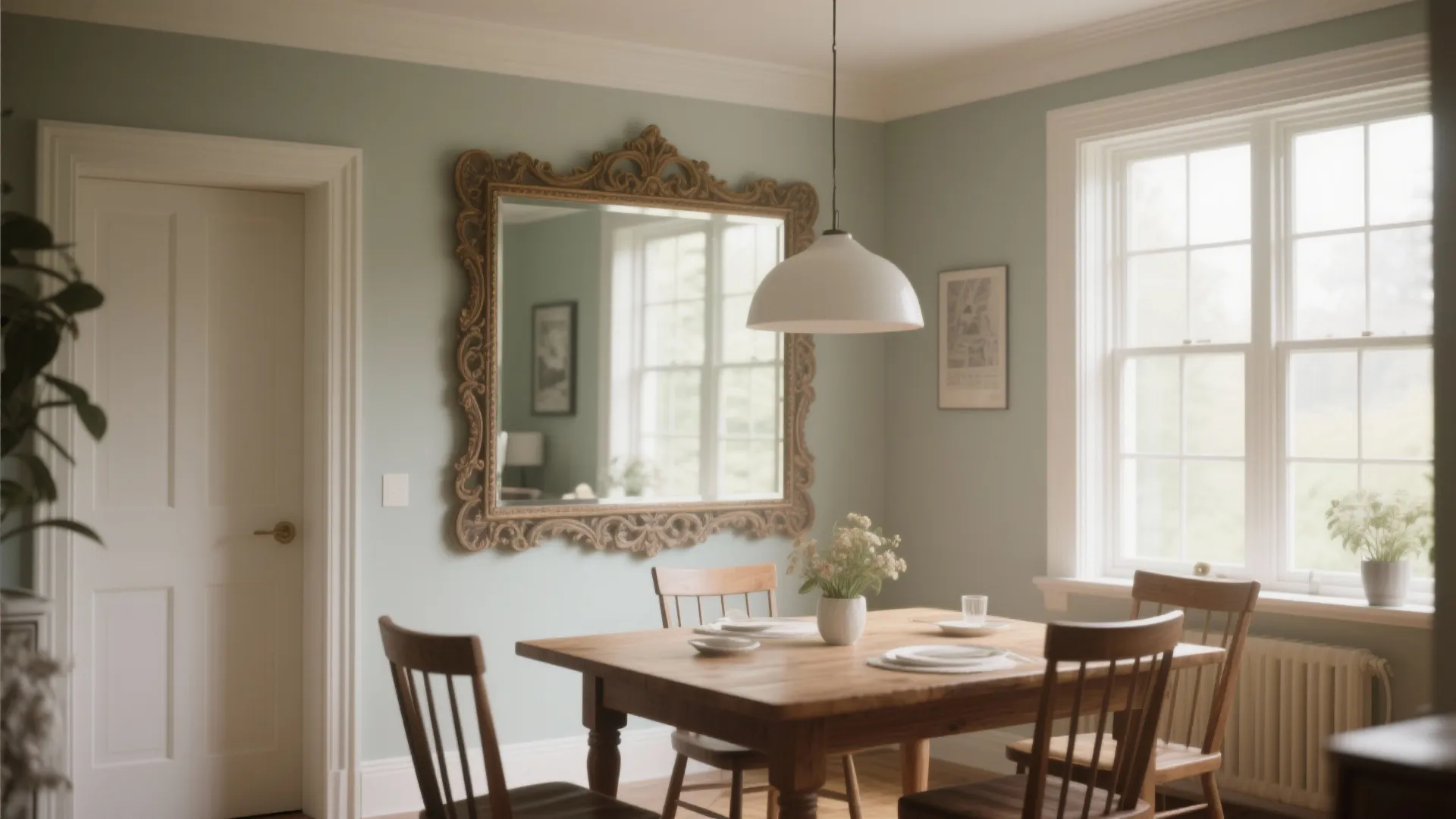 Dining room with large wall mirror reflecting natural light