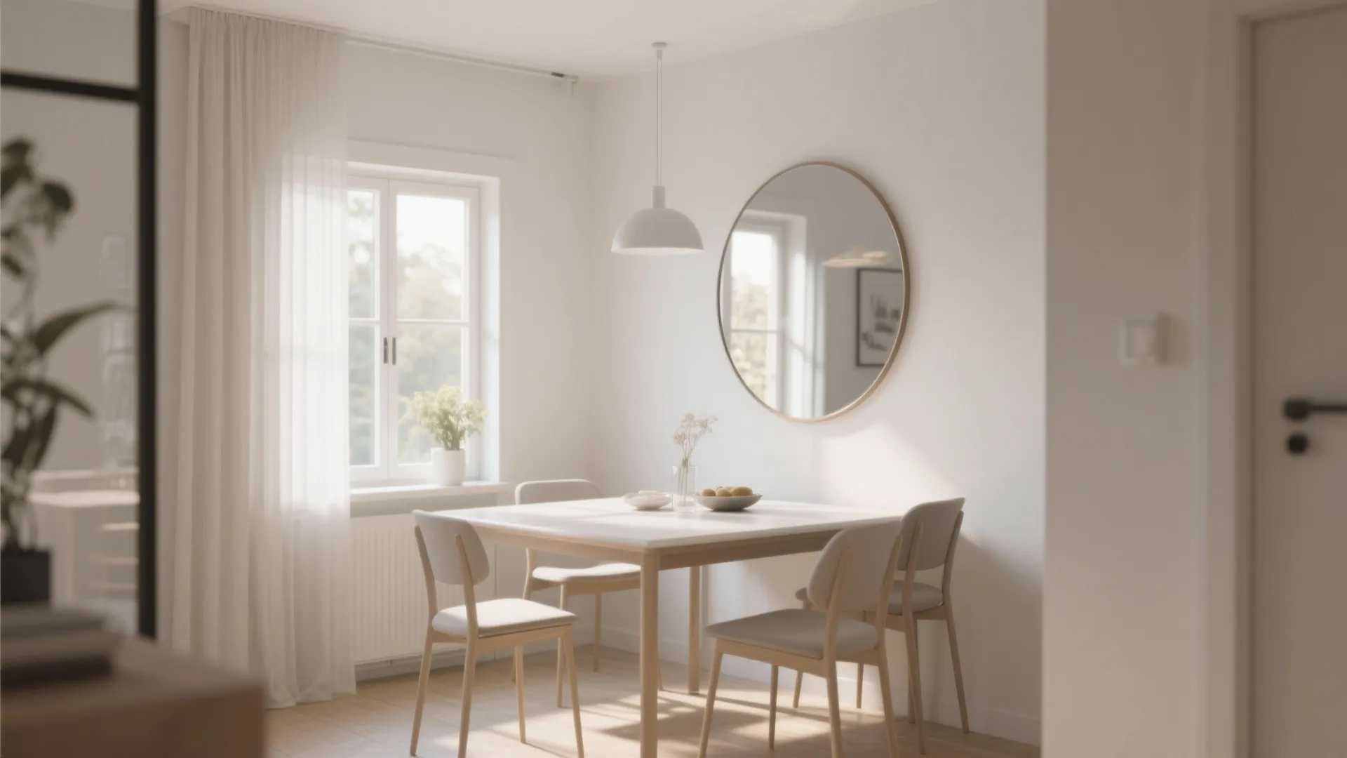 Minimalist dining area with a round wall mirror white table four chairs and a ceiling light