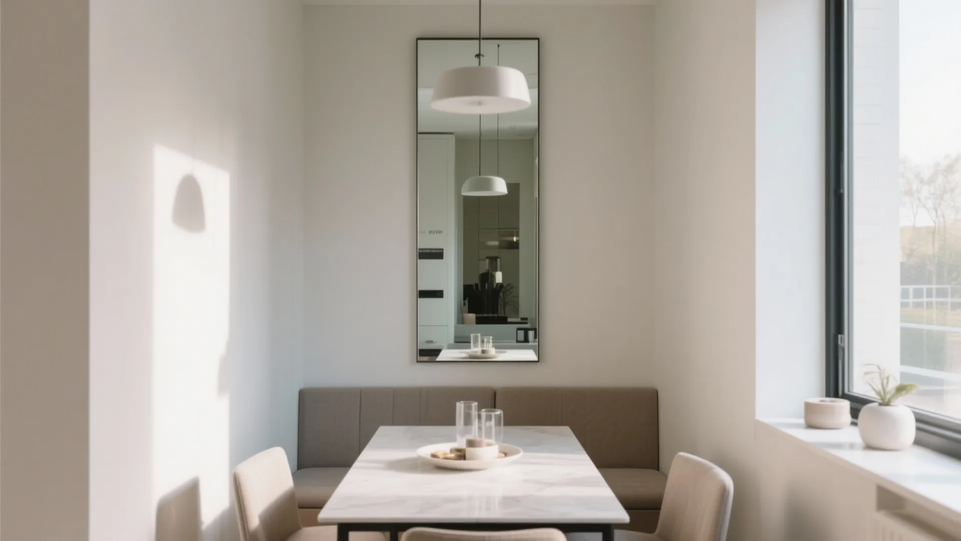 Modern minimalist dining room featuring white marble table with long mirror and neutral bench seating