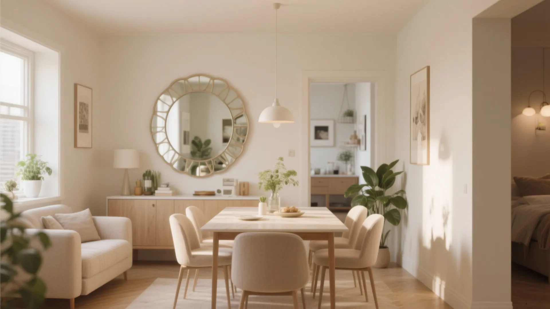 Light dining room featuring wooden table beige chairs round wall mirror cabinet and ceiling light
