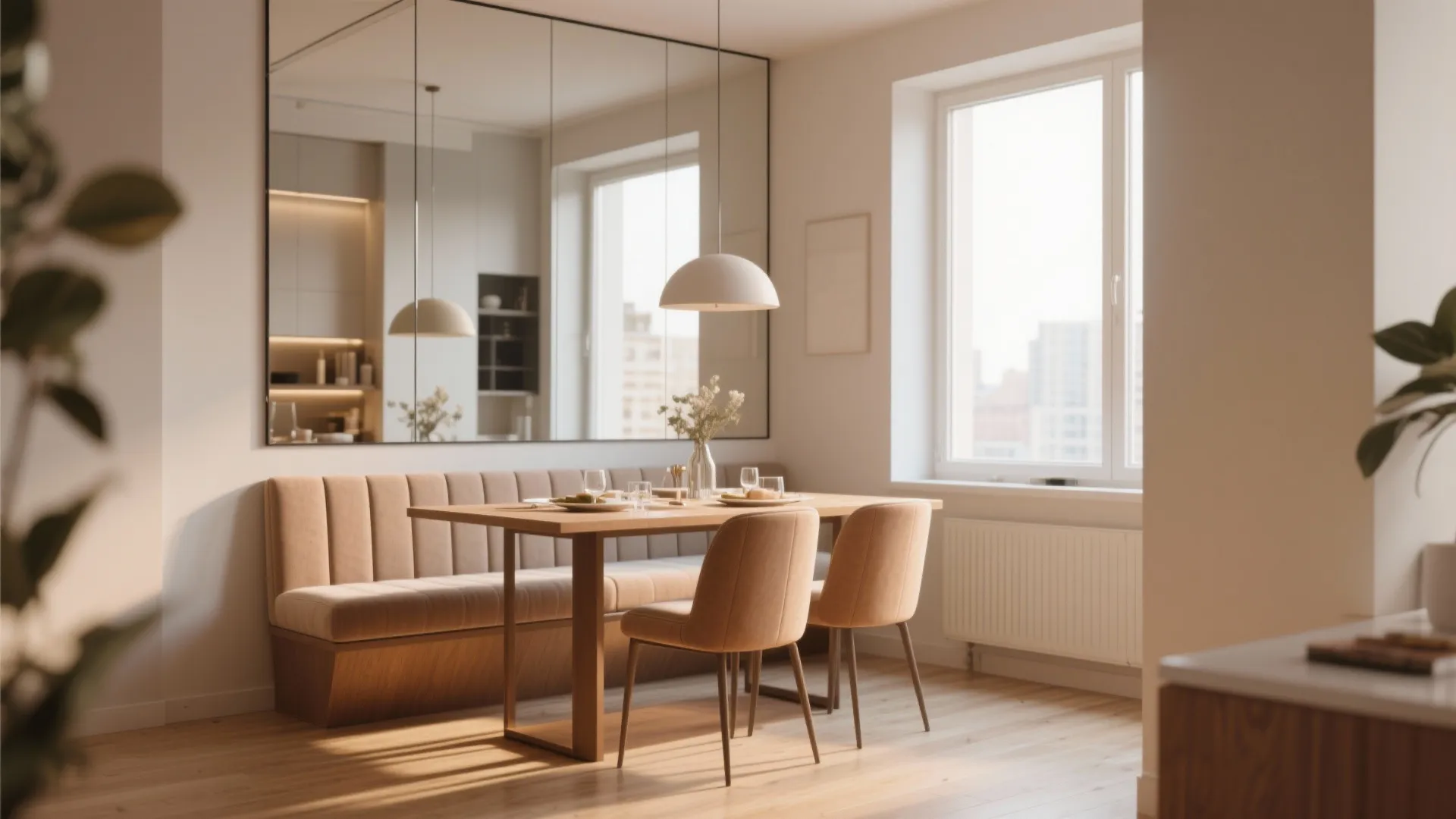 Dining nook with a large mirror creating a spacious look