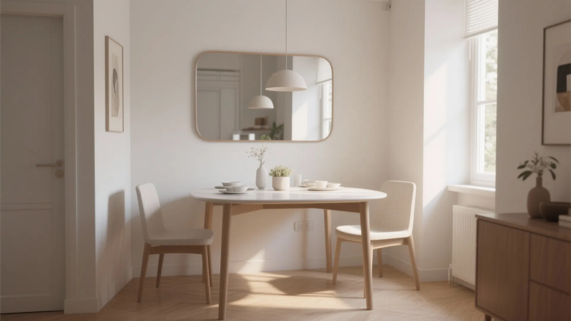 Minimalist dining area with round white table two chairs large wall mirror and hanging light