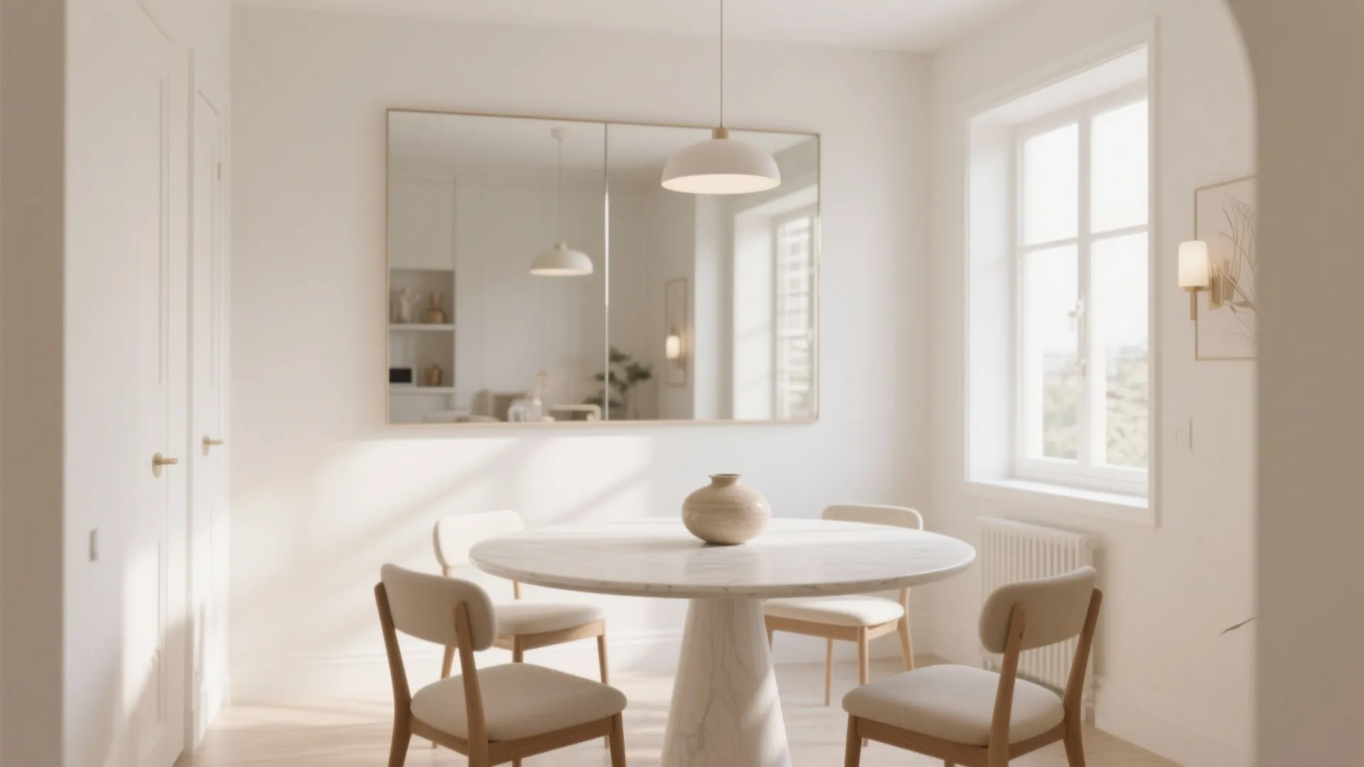 Small dining room with large mirror for visual space