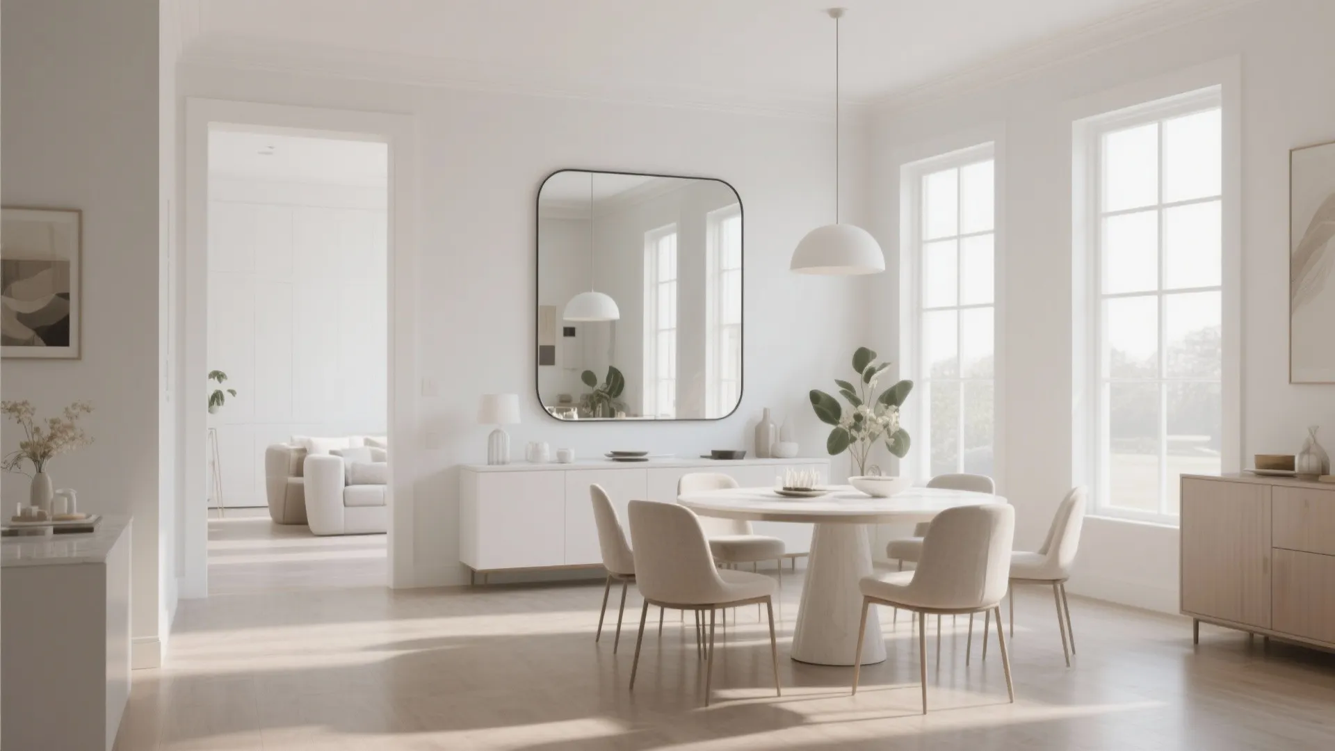 Modern bright dining area with round white table beige chairs large mirror and white cabinet