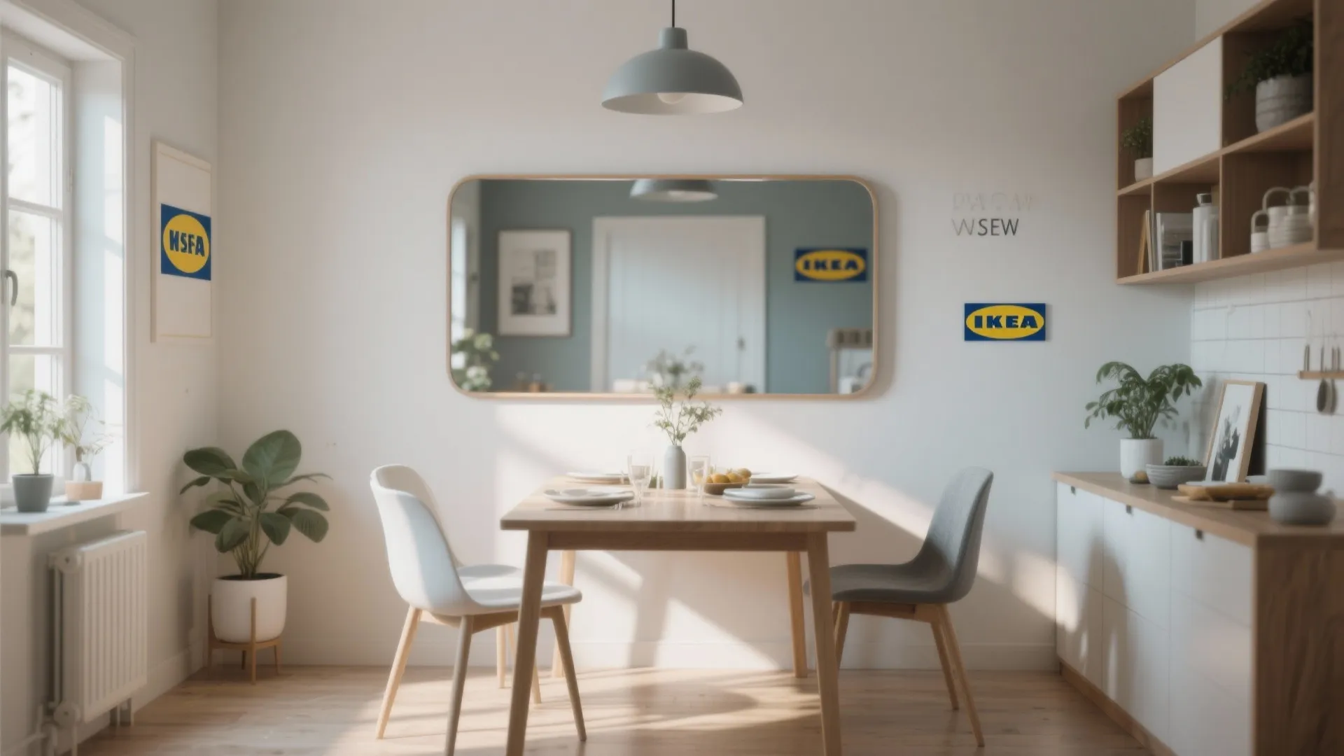 Modern dining room with wooden table white and grey chairs large mirror and blue ceiling light