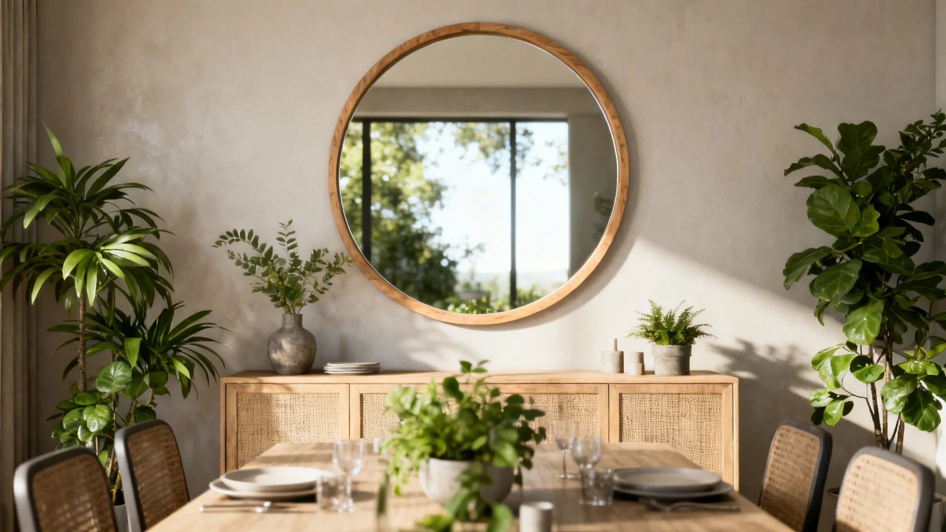 Dining area with a large round mirror above a sideboard reflecting light and adding depth.