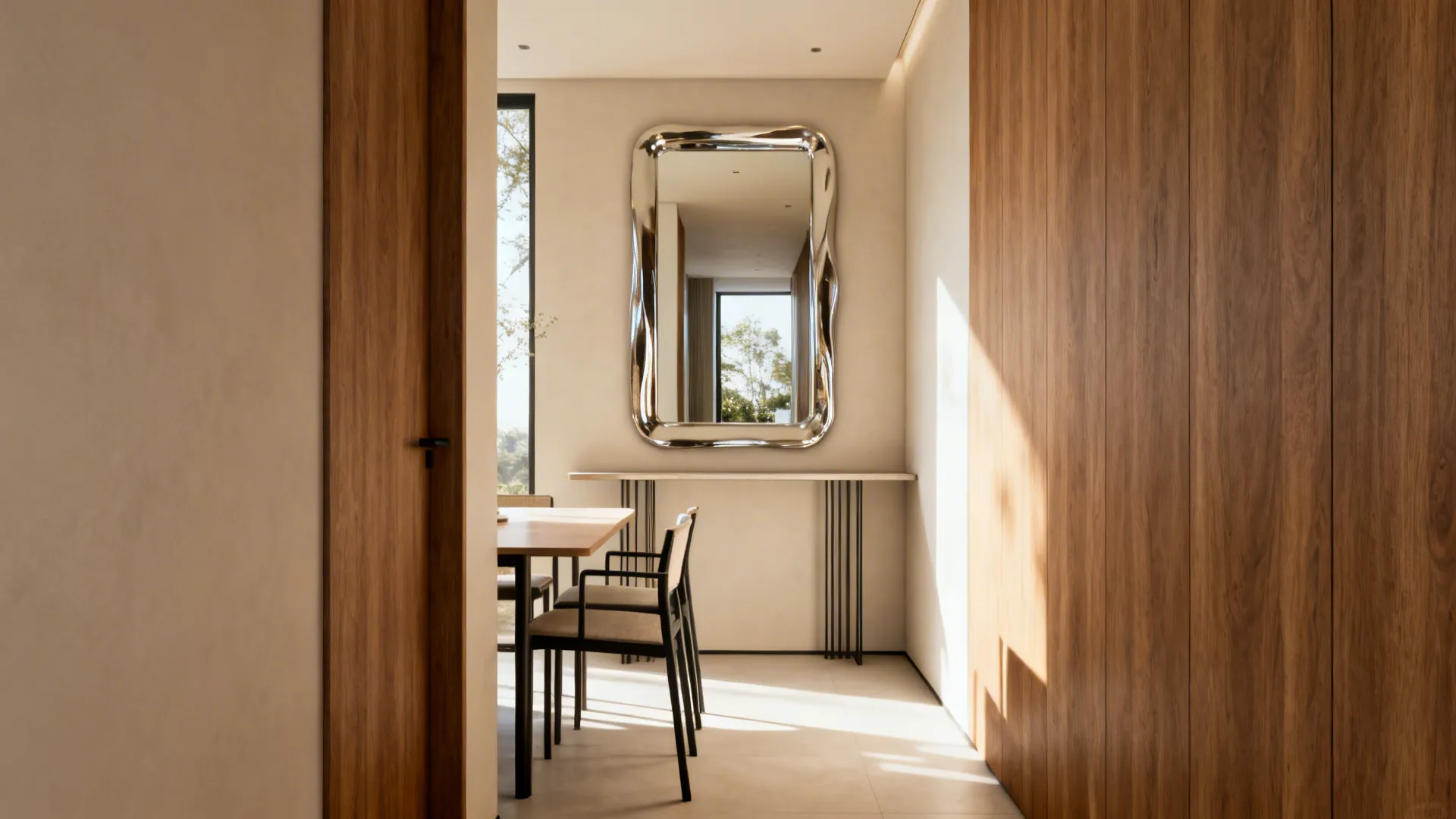 Narrow dining nook with a large mirror above a slim console reflecting natural light.