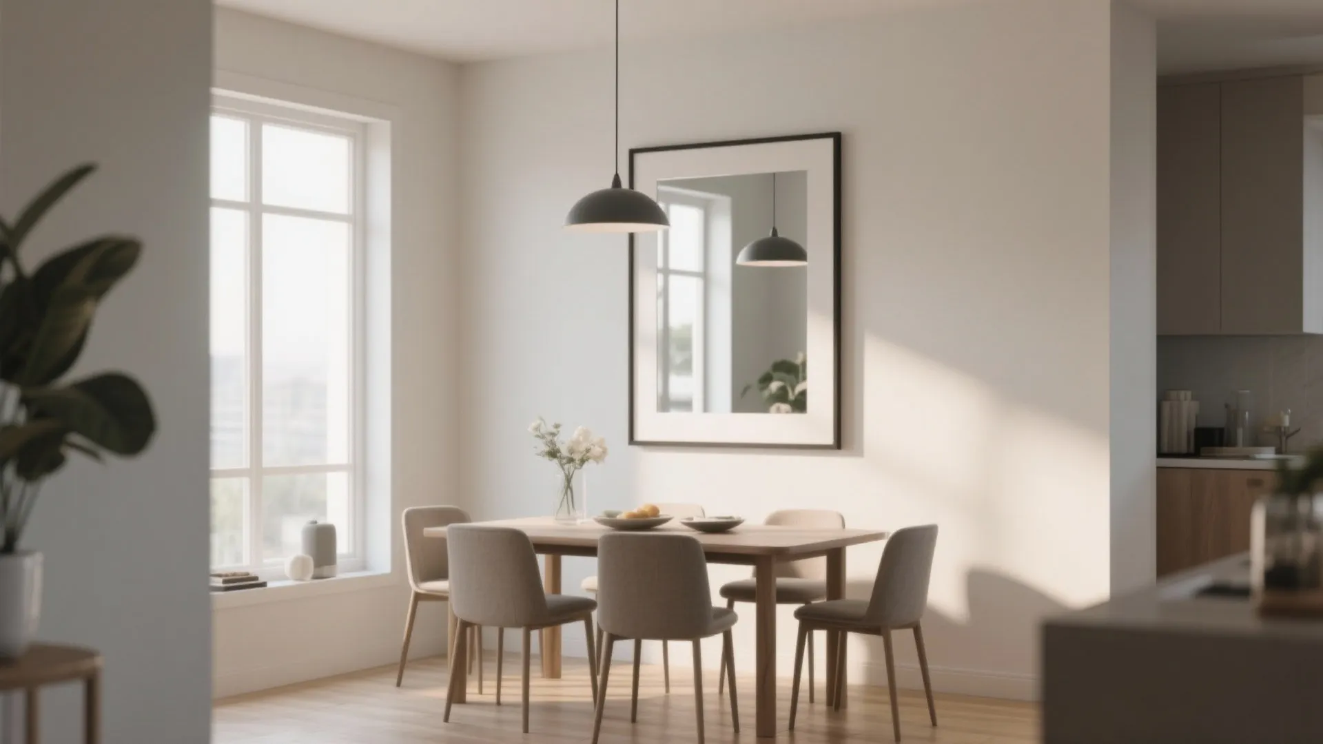 Dining room with framed wall mirror to make space feel larger