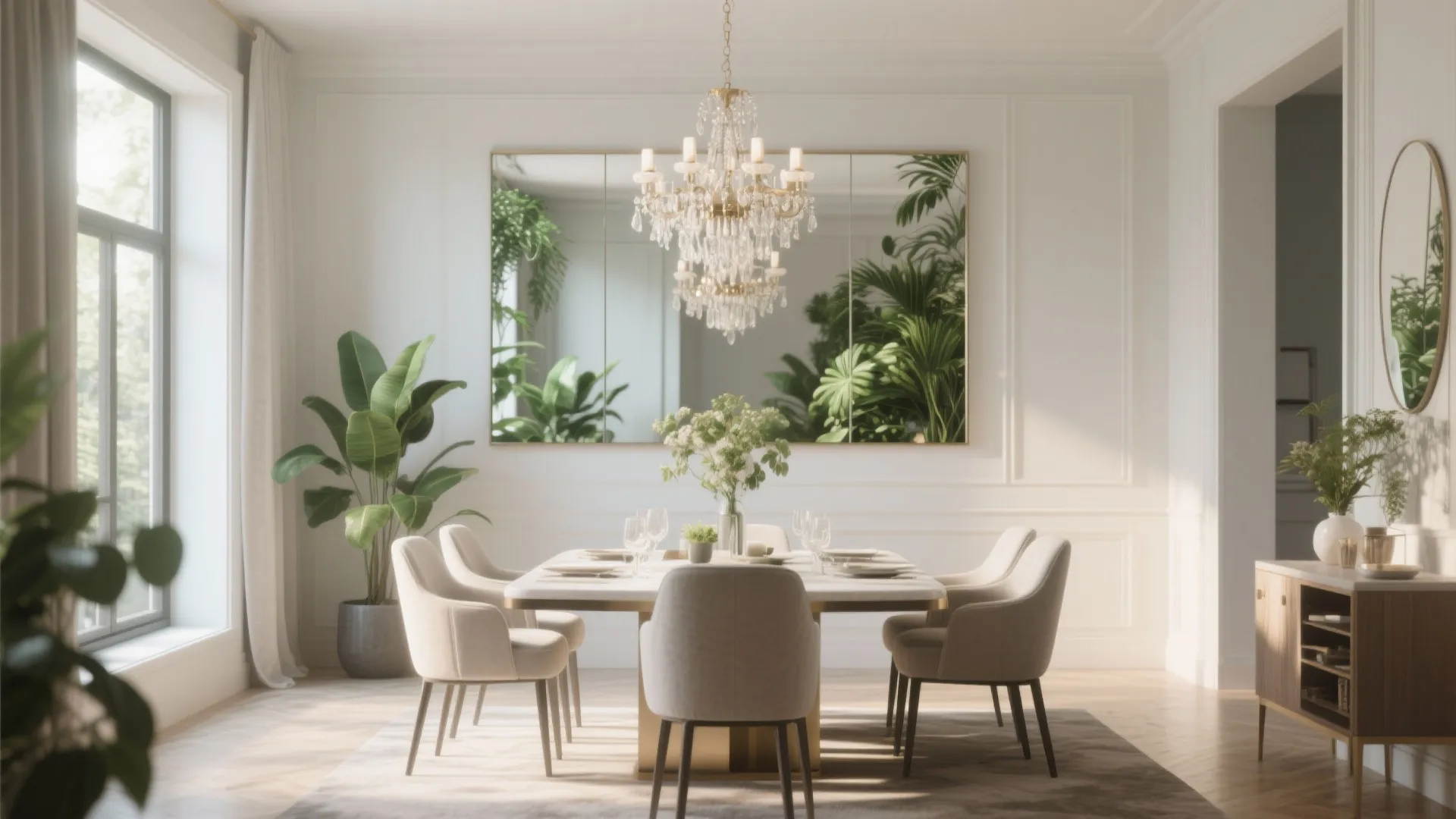 Elegant dining room with white table chairs crystal ceiling light wall mirror and green indoor plants