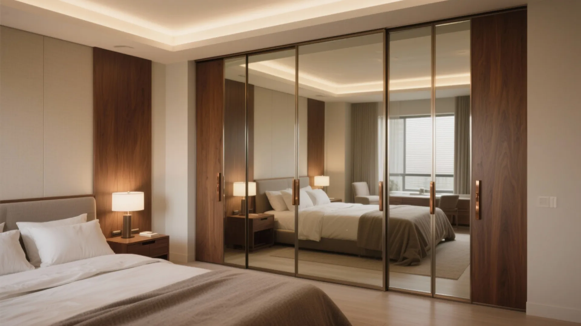 Modern bedroom with large sliding mirror wardrobe reflecting white bed linens and warm wood wall panels