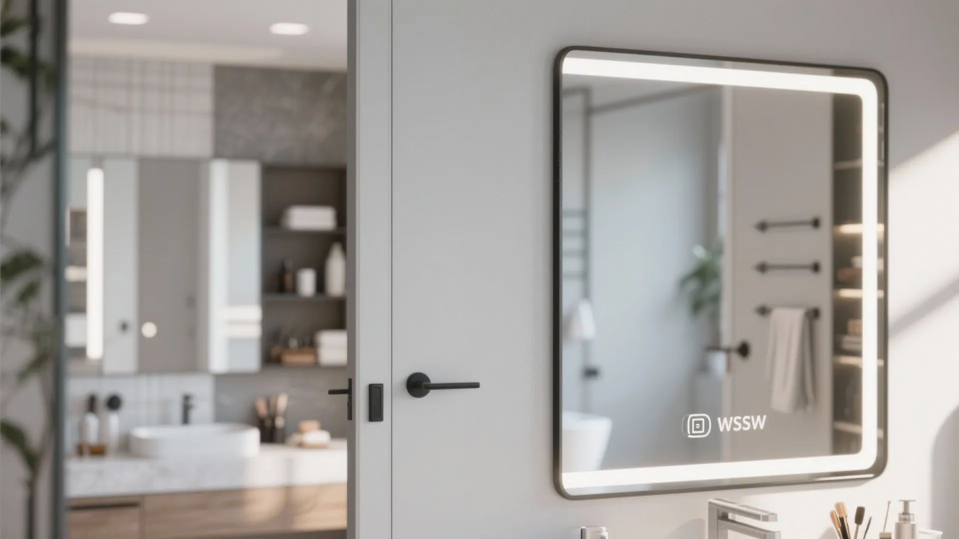 Modern bathroom mirror with built in light strip mounted on a clean white sliding door