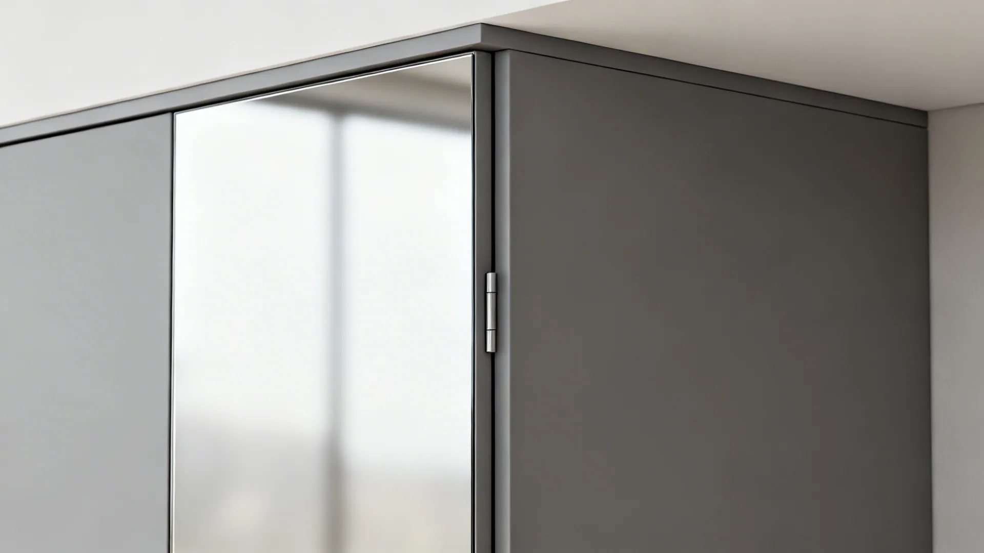 Macro of mirrored pantry door meeting matte gray cabinet with precise edge and hinge detail.
