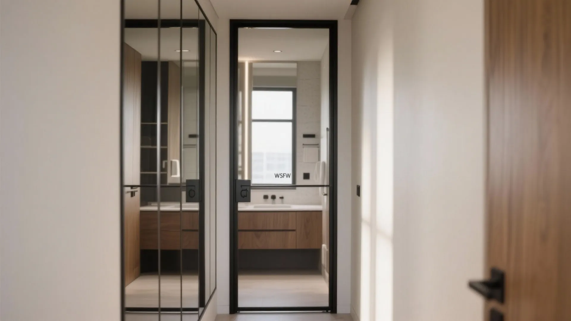 Modern hallway with black glass door leading to bathroom with wooden cabinet and white sink