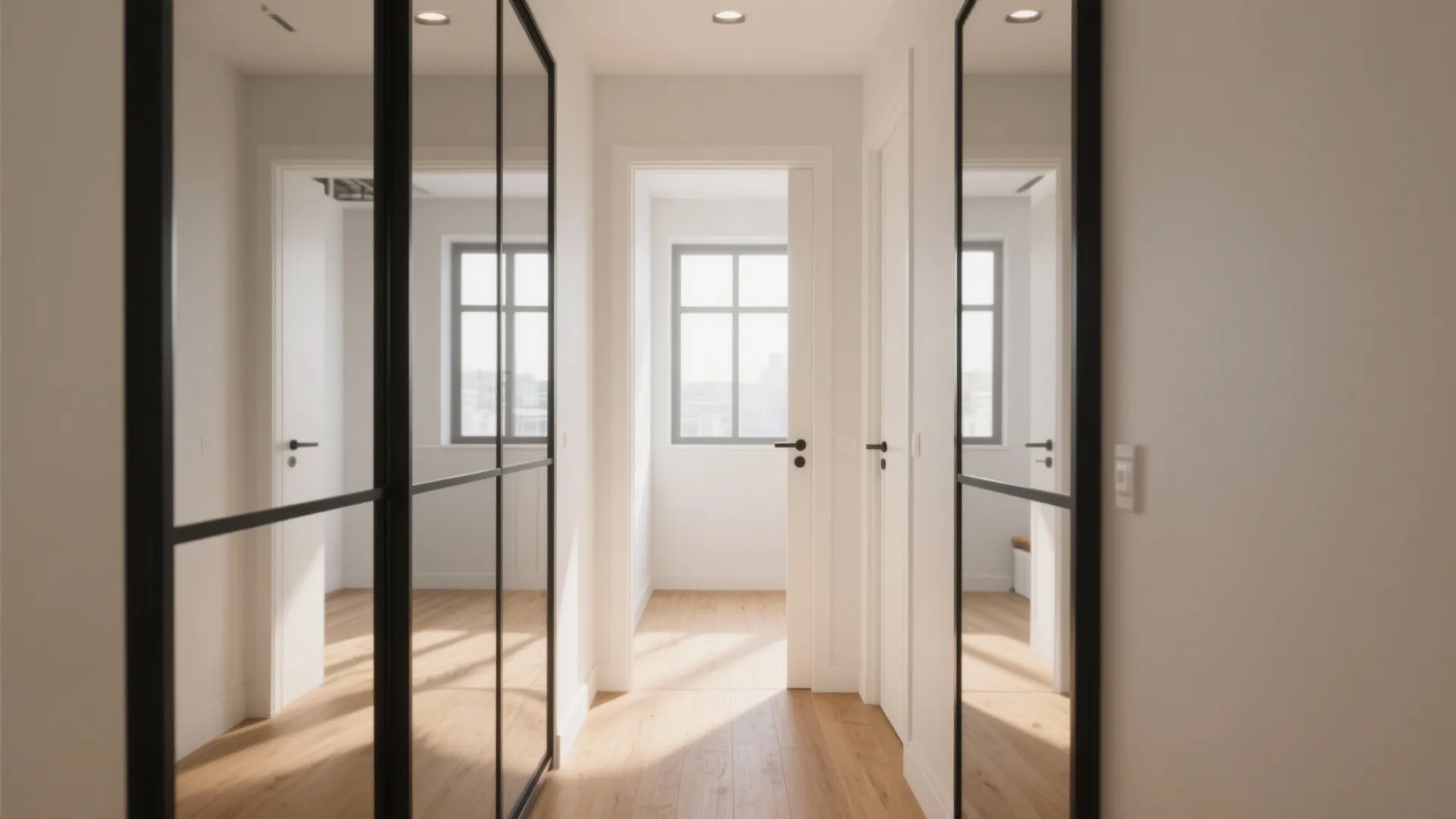 Modern white hallway featuring black metal frame mirror sliding doors wood flooring and natural sunlight